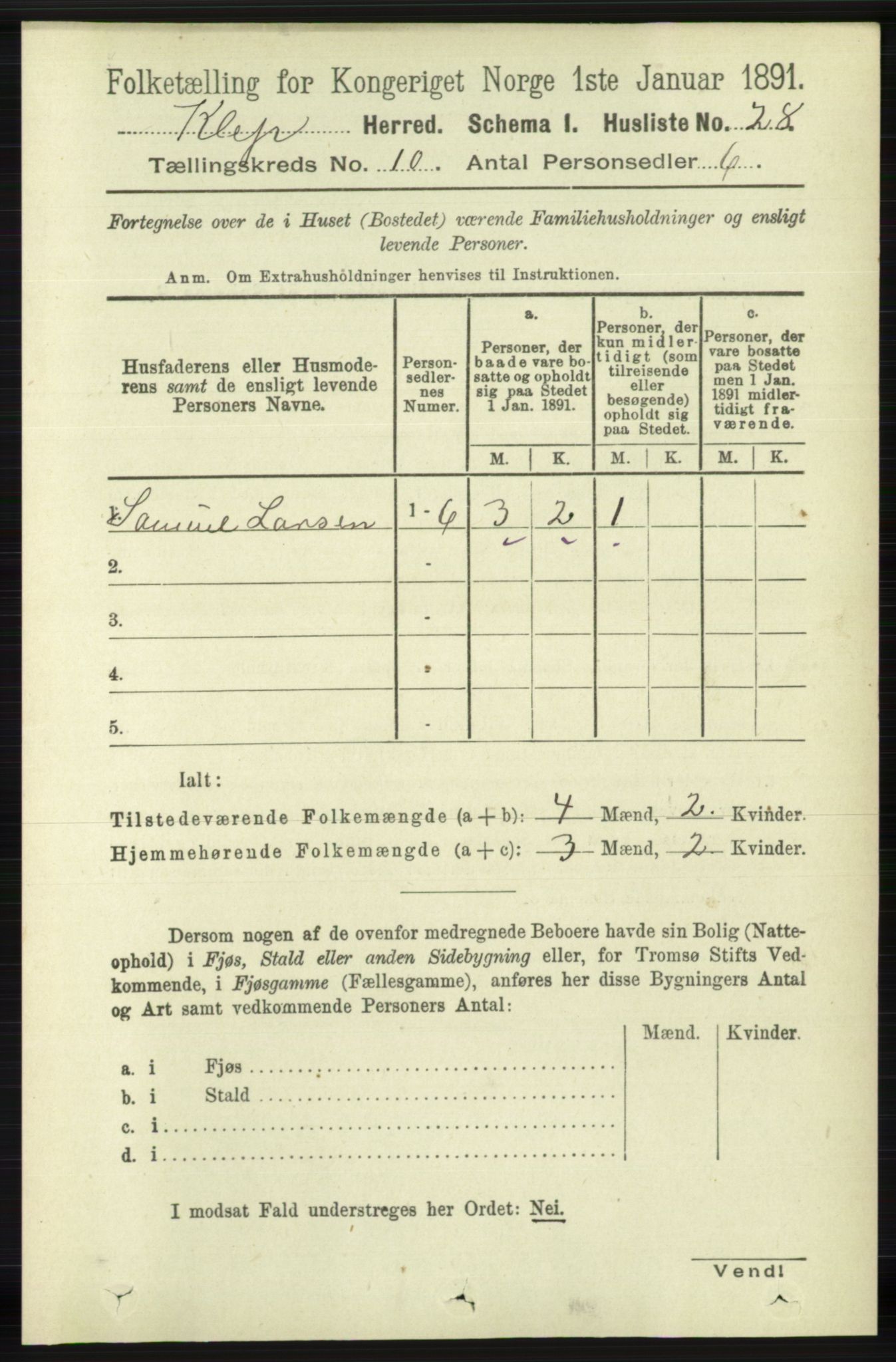 RA, 1891 census for 1120 Klepp, 1891, p. 2846