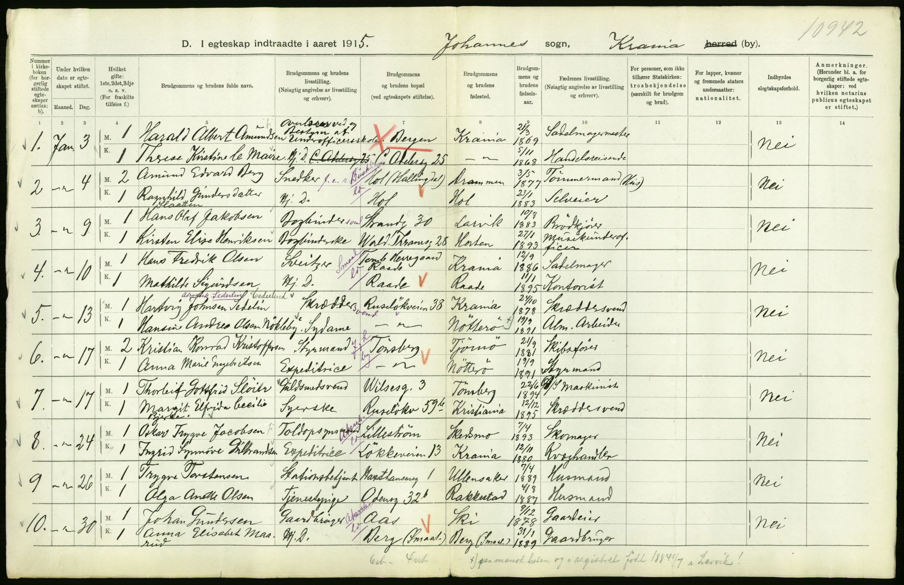 Statistisk sentralbyrå, Sosiodemografiske emner, Befolkning, RA/S-2228/D/Df/Dfb/Dfbe/L0008: Kristiania: Gifte., 1915, p. 126