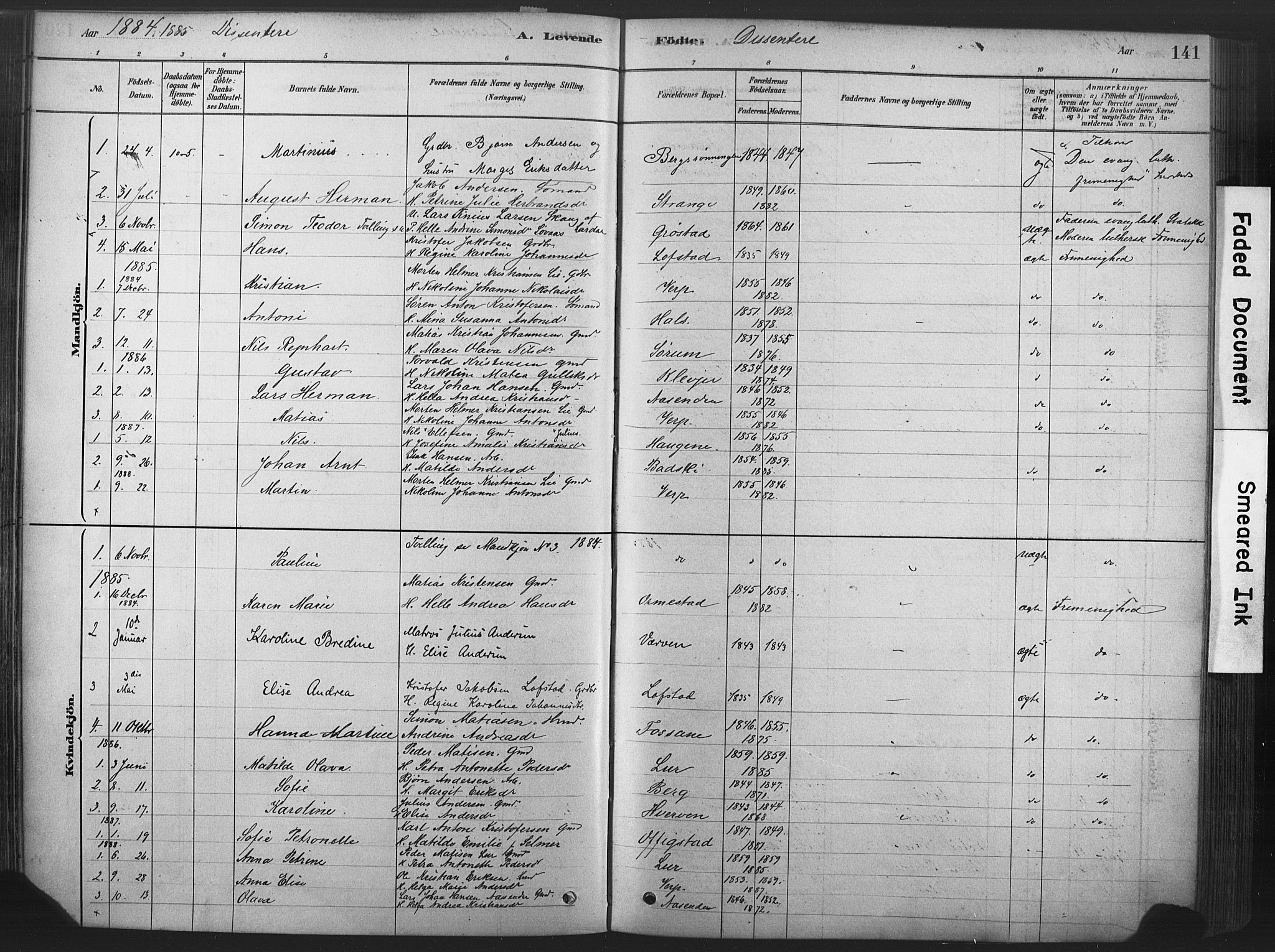 Våle kirkebøker, SAKO/A-334/F/Fa/L0011: Parish register (official) no. I 11, 1878-1906, p. 141