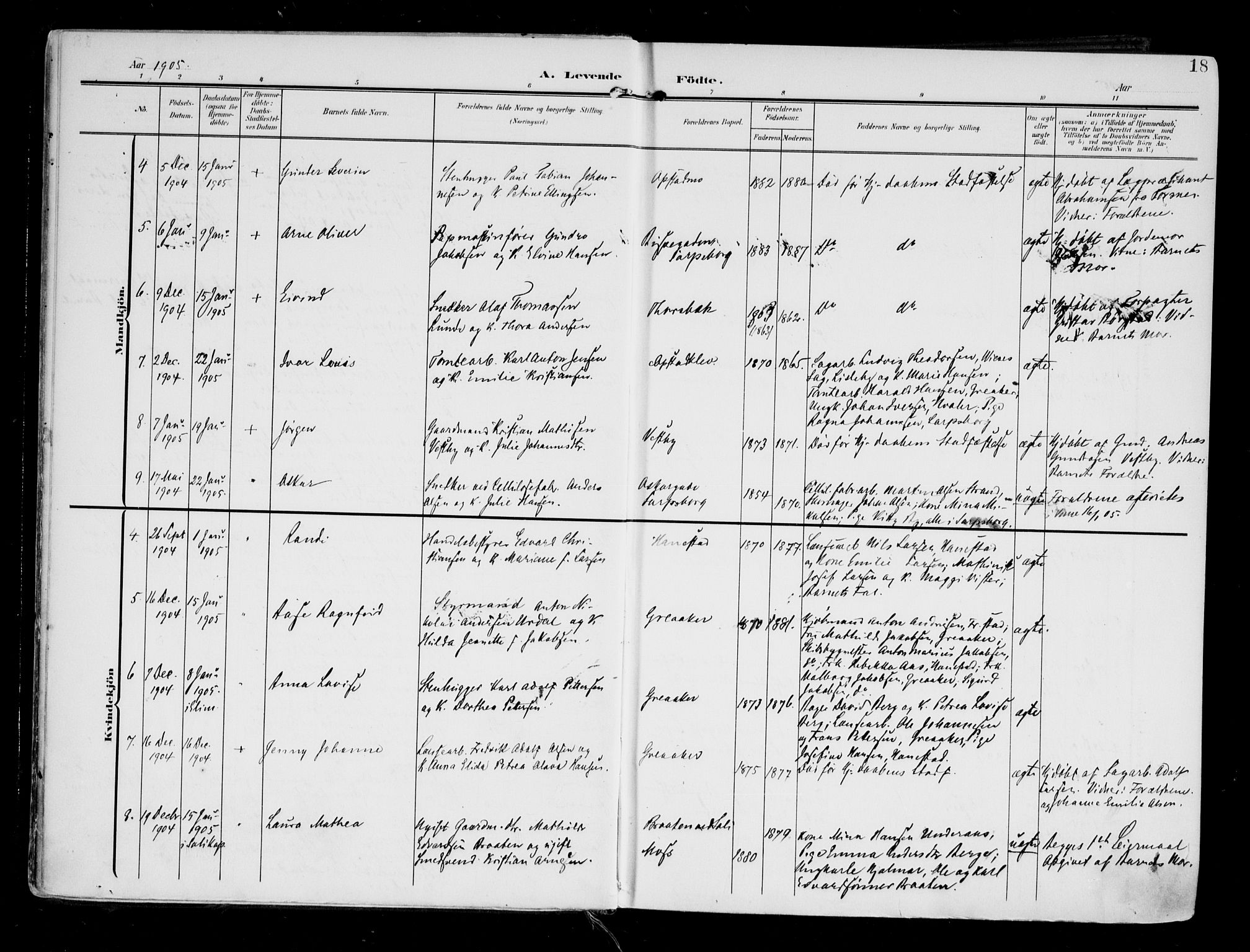 Tune prestekontor Kirkebøker, AV/SAO-A-2007/F/Fa/L0020: Parish register (official) no. 20, 1904-1909, p. 18