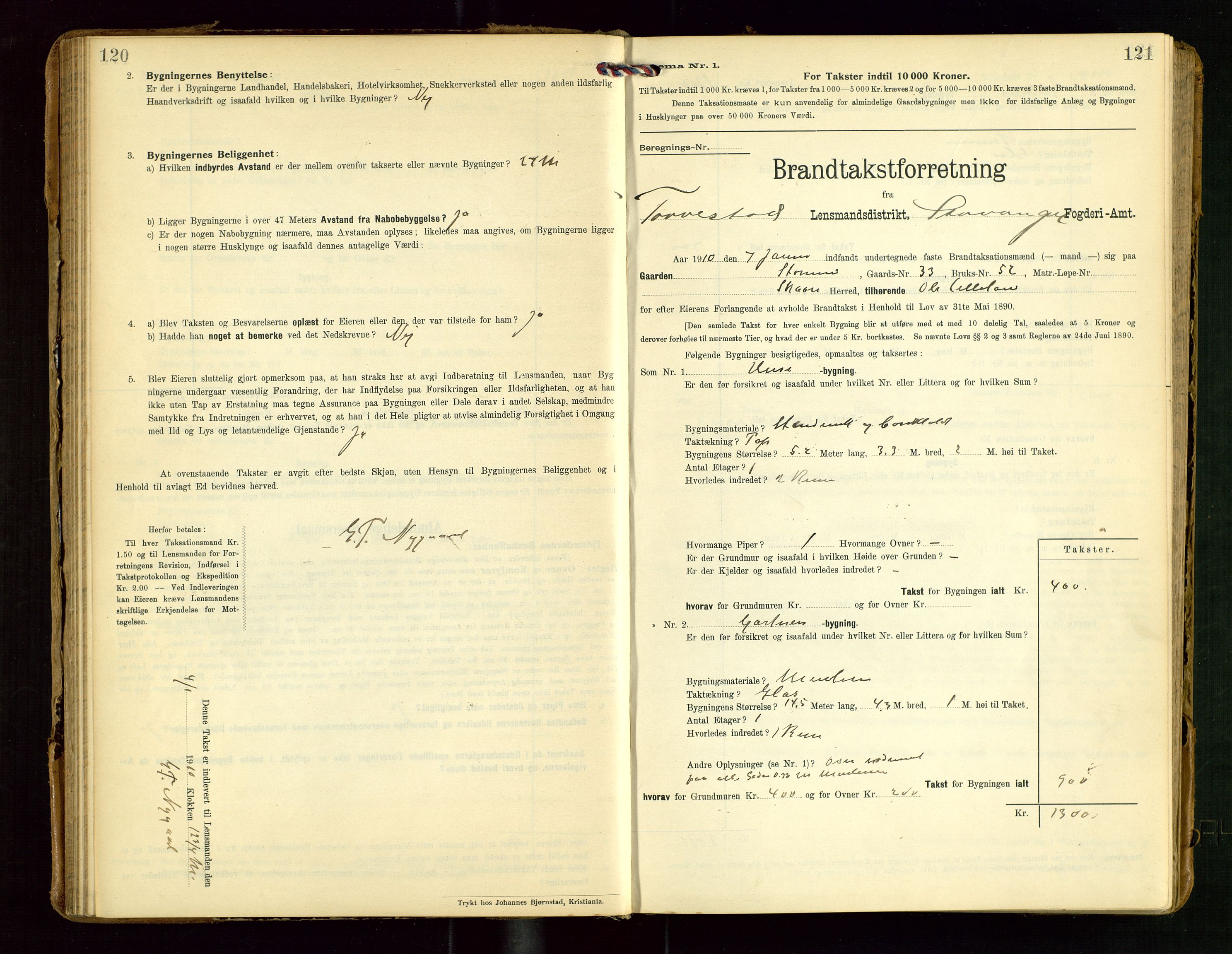 Torvestad lensmannskontor, SAST/A-100307/1/Gob/L0004: "Brandtaxationsprotokol for Torvestad Lensmannsdistrikt", 1909-1923, p. 120-121