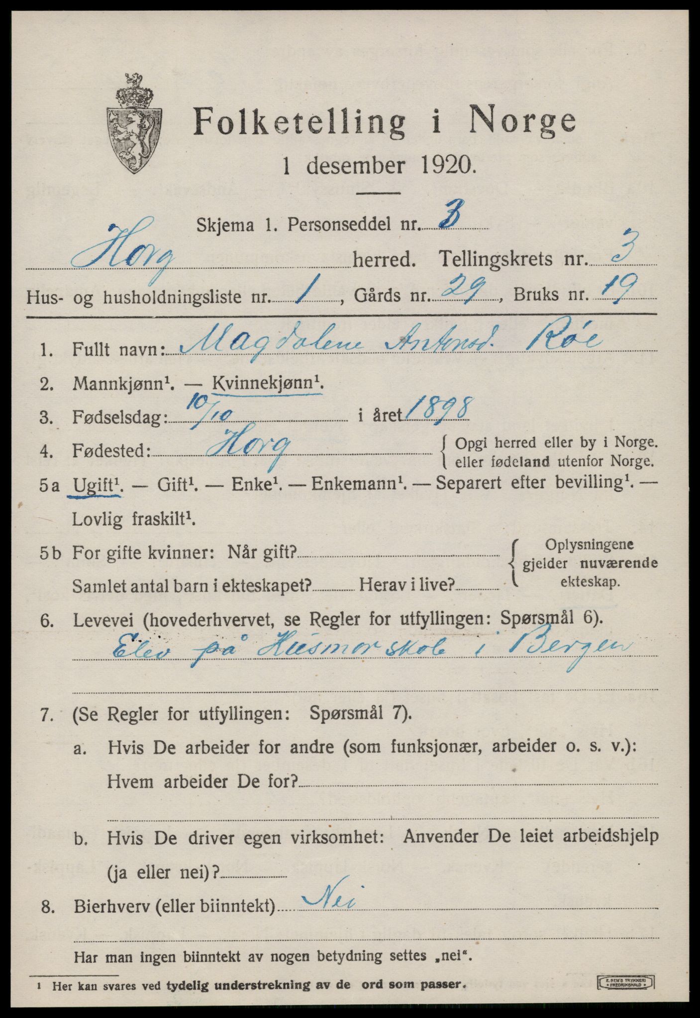 SAT, 1920 census for Horg, 1920, p. 2322