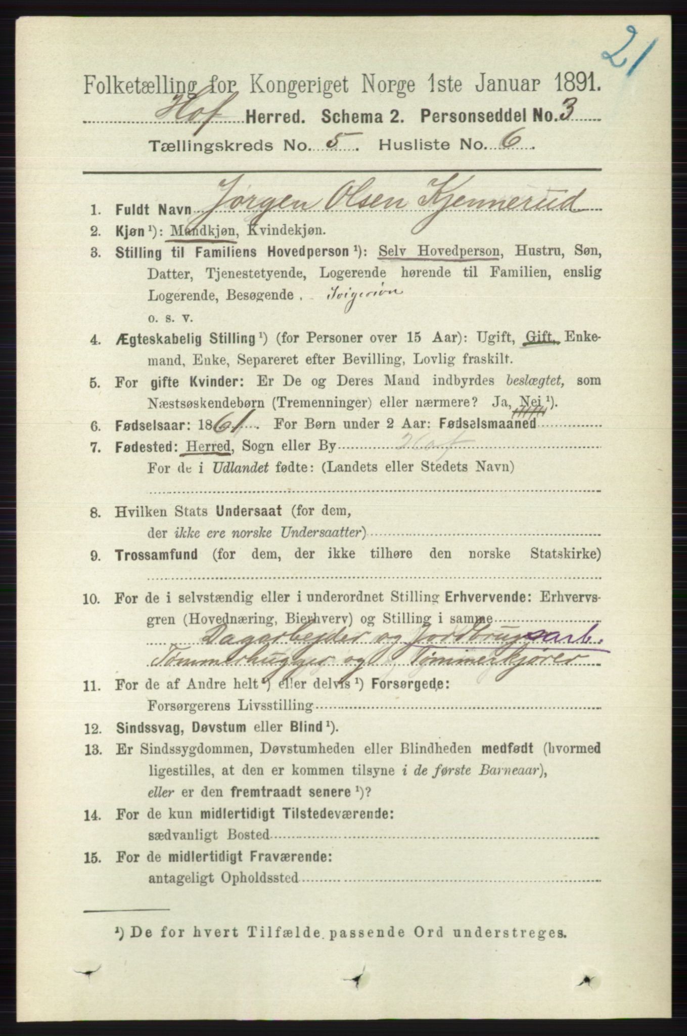 RA, 1891 census for 0714 Hof, 1891, p. 1521