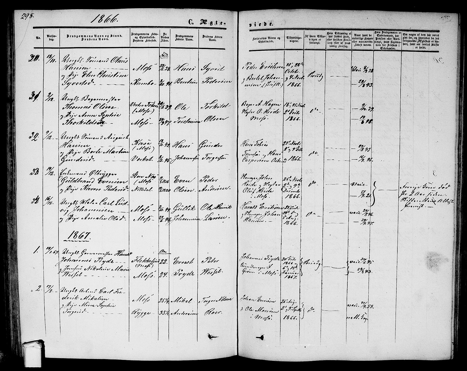 Moss prestekontor Kirkebøker, SAO/A-2003/G/Ga/L0002: Parish register (copy) no. I 2, 1852-1871, p. 298