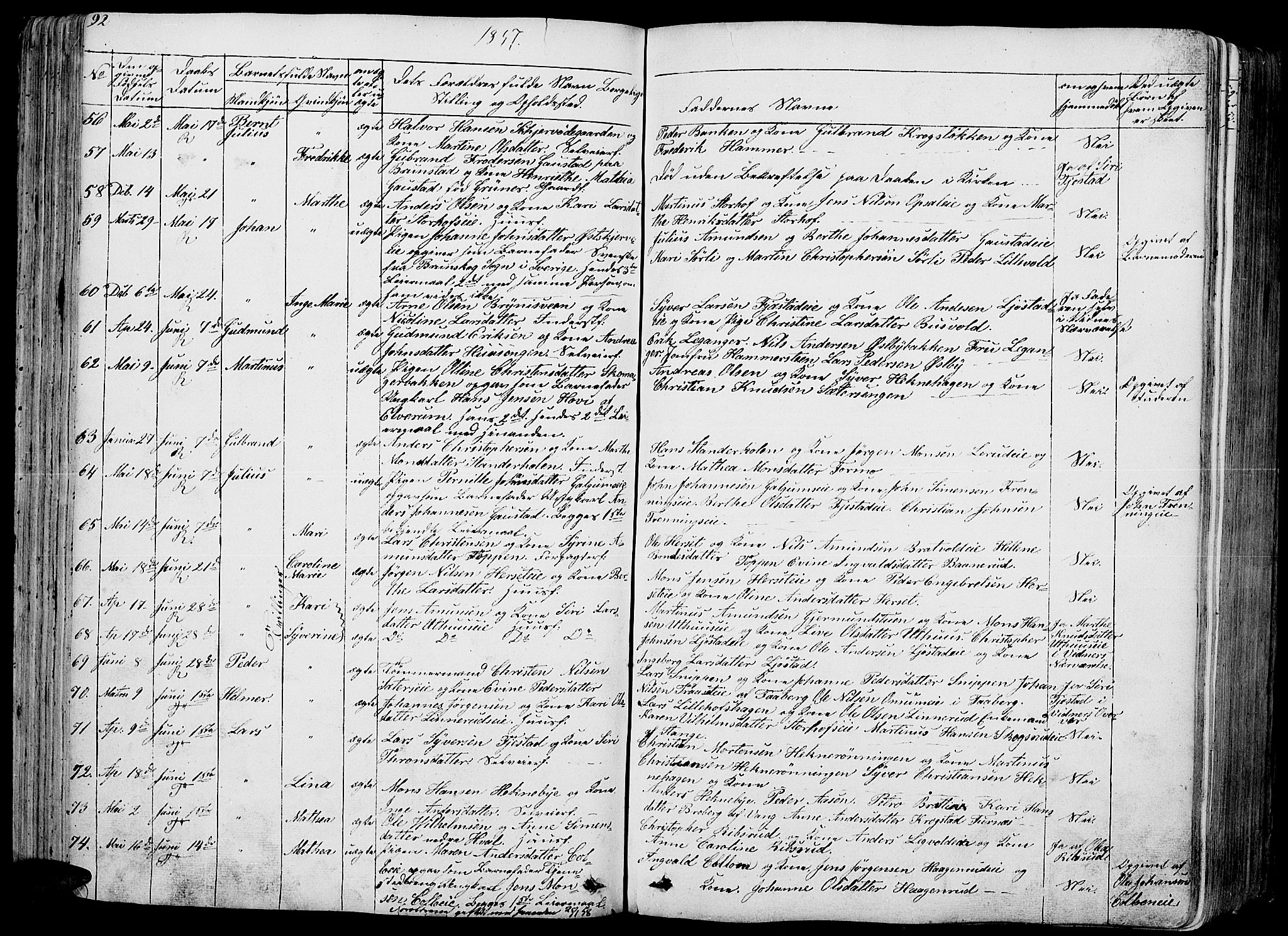 Romedal prestekontor, AV/SAH-PREST-004/L/L0009: Parish register (copy) no. 9, 1846-1866, p. 92