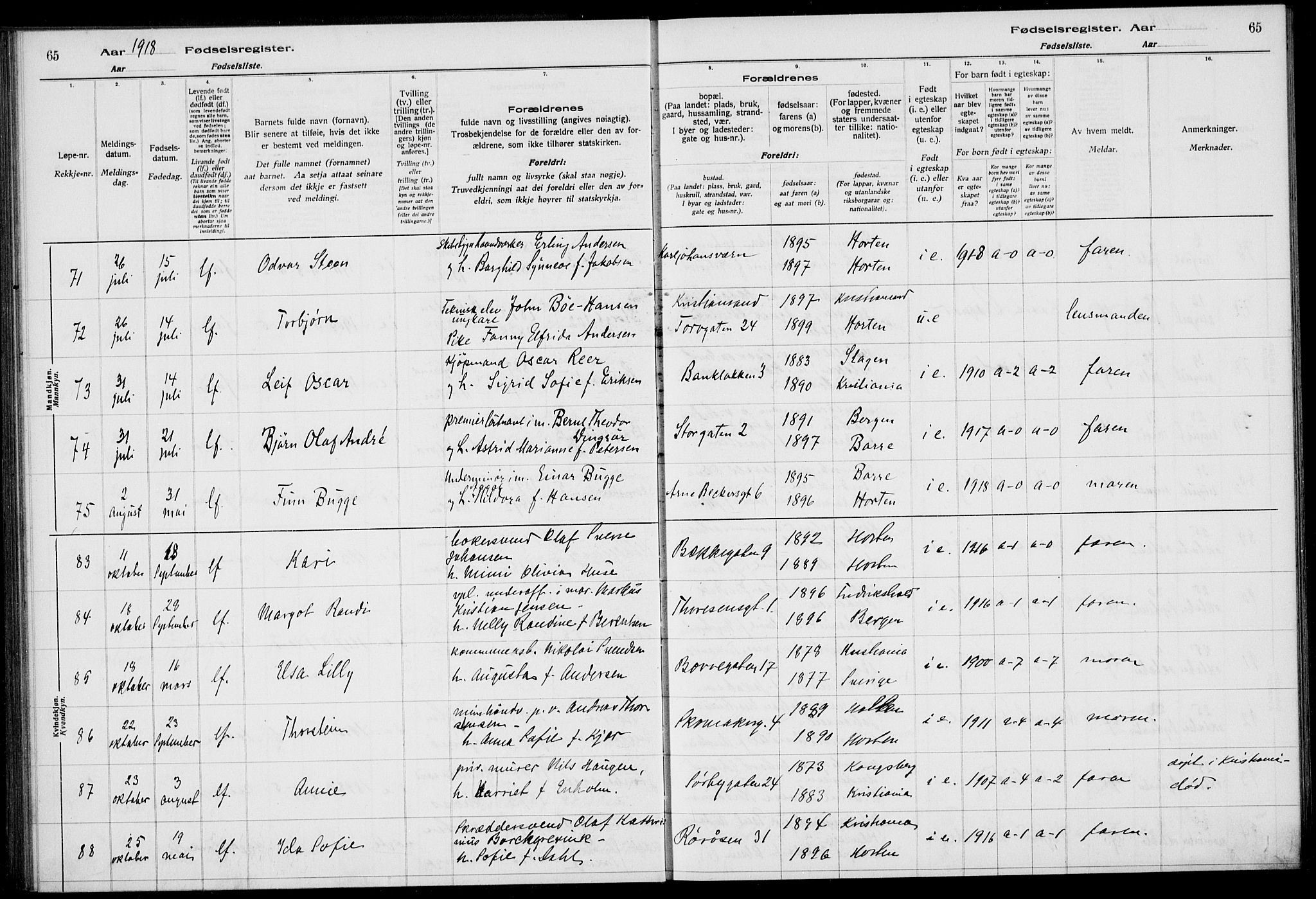 Horten kirkebøker, AV/SAKO-A-348/J/Ja/L0001: Birth register no. 1, 1916-1923, p. 65