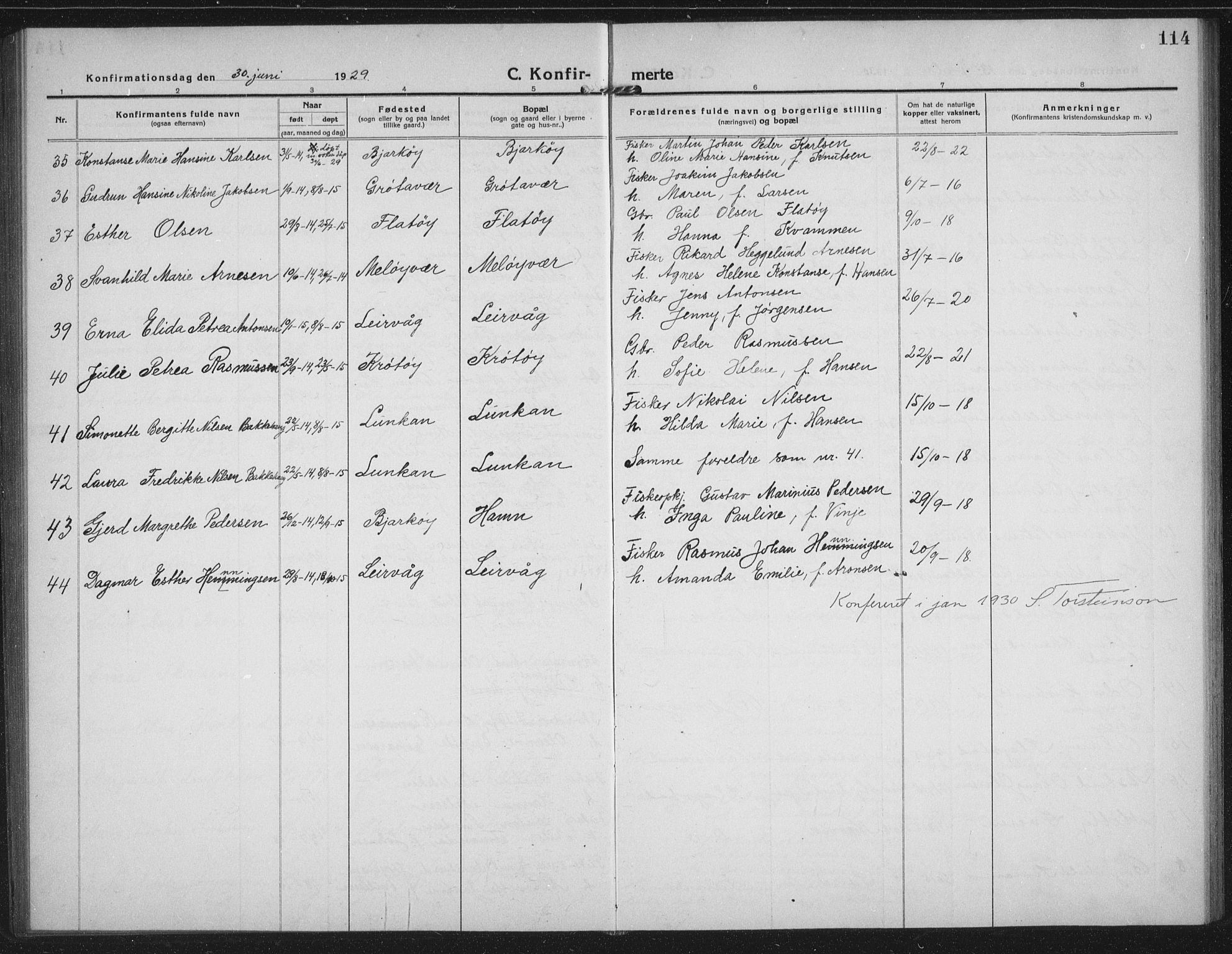 Sand/Bjarkøy sokneprestkontor, AV/SATØ-S-0811/I/Ia/Iab/L0005klokker: Parish register (copy) no. 5, 1919-1937, p. 114