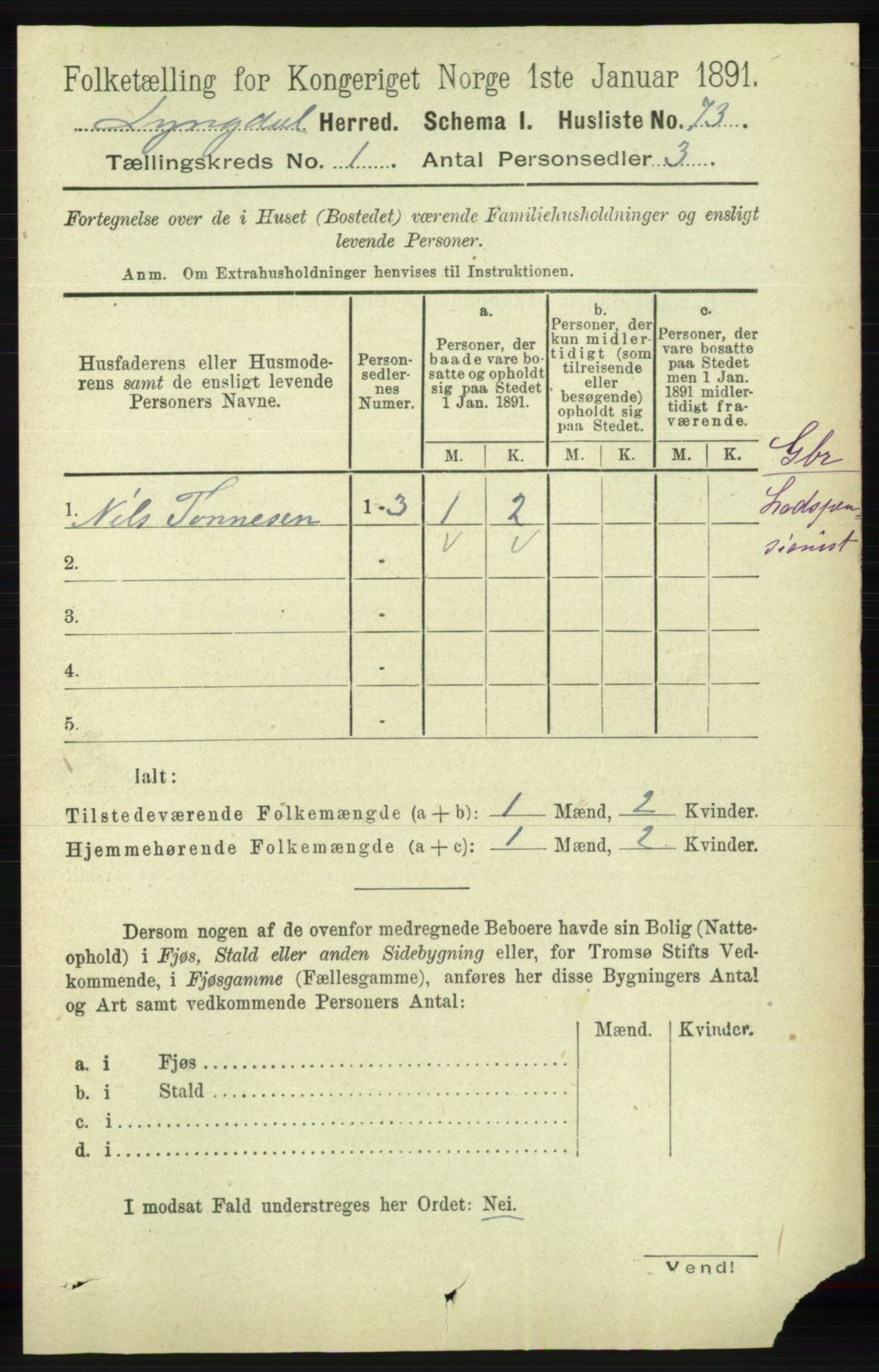 RA, 1891 census for 1032 Lyngdal, 1891, p. 113