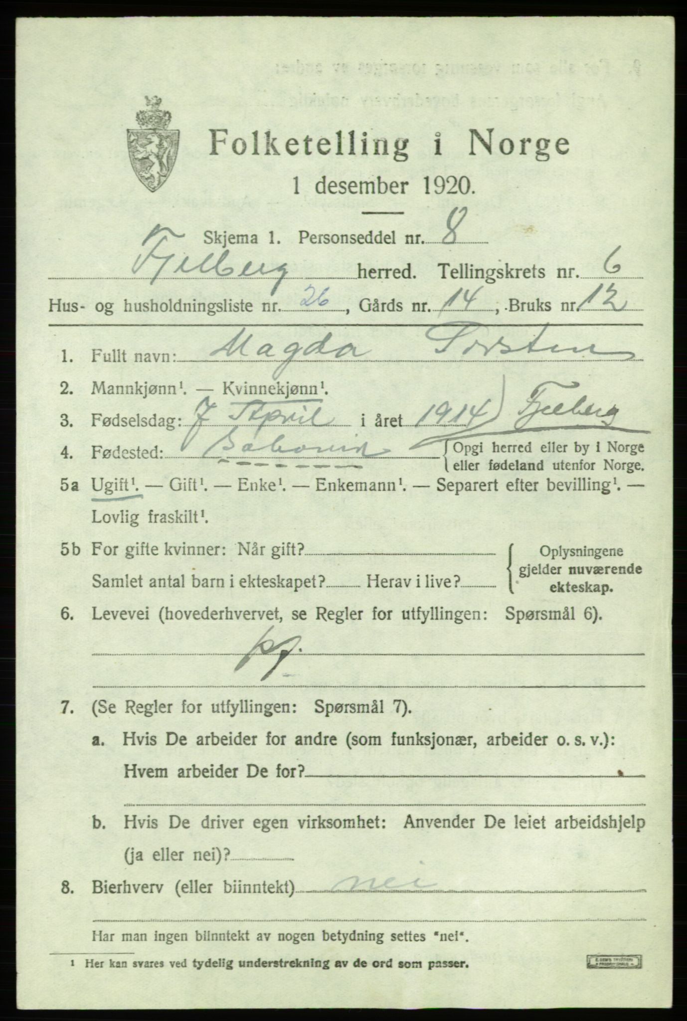 SAB, 1920 census for Fjelberg, 1920, p. 2533