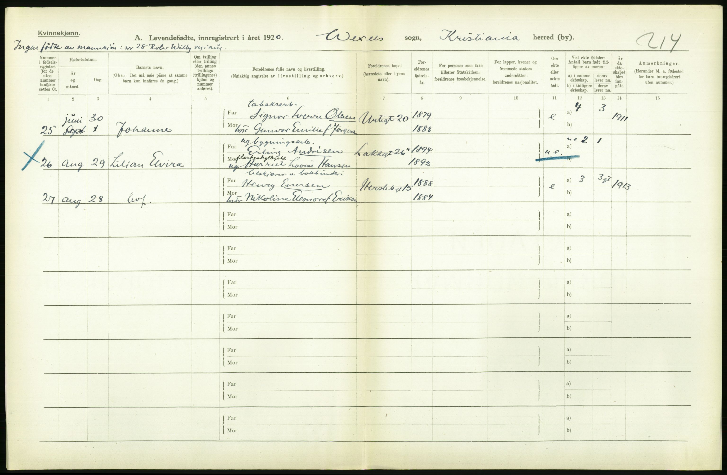 Statistisk sentralbyrå, Sosiodemografiske emner, Befolkning, AV/RA-S-2228/D/Df/Dfb/Dfbj/L0008: Kristiania: Levendefødte menn og kvinner., 1920, p. 316