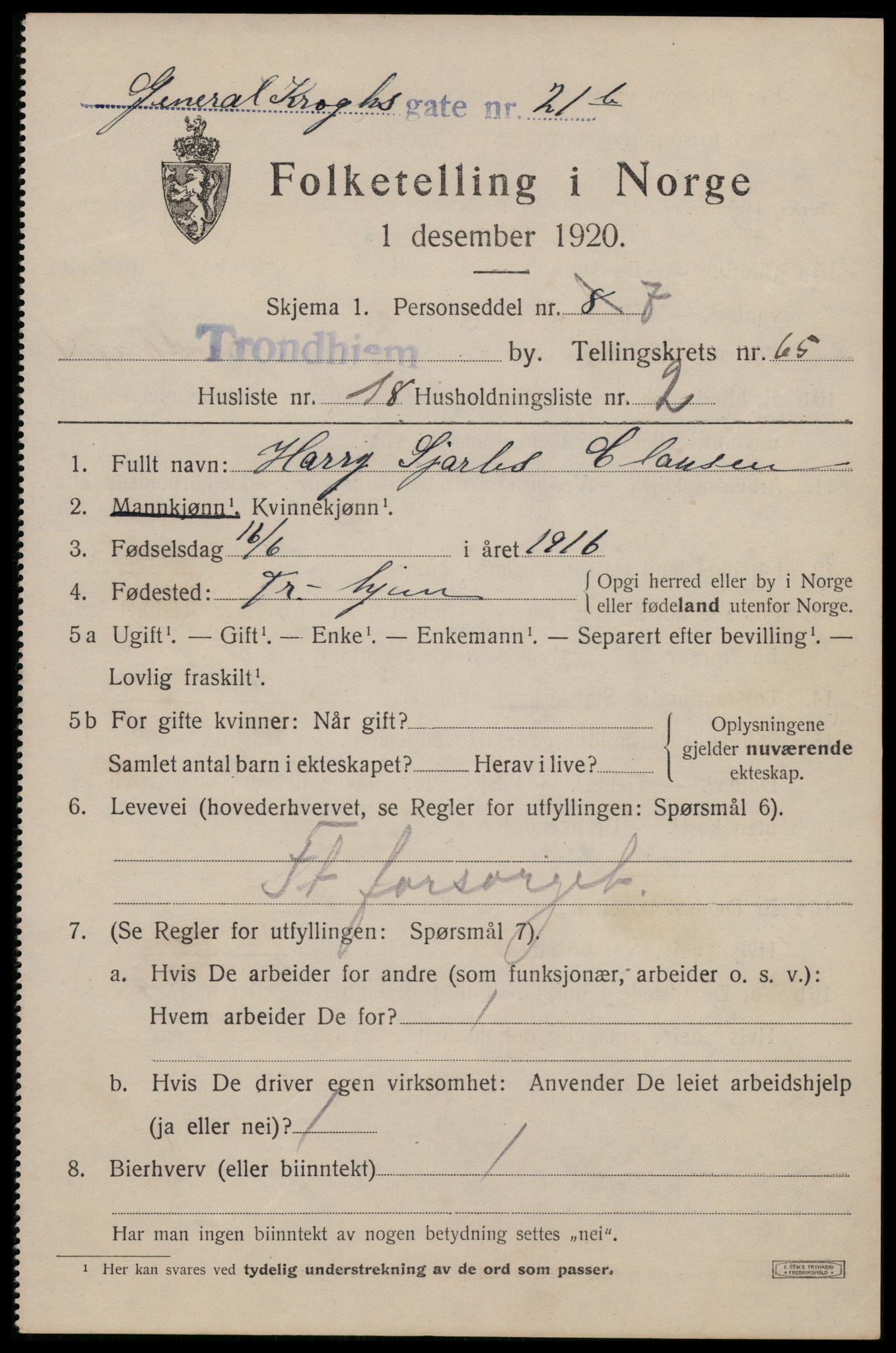 SAT, 1920 census for Trondheim, 1920, p. 129210