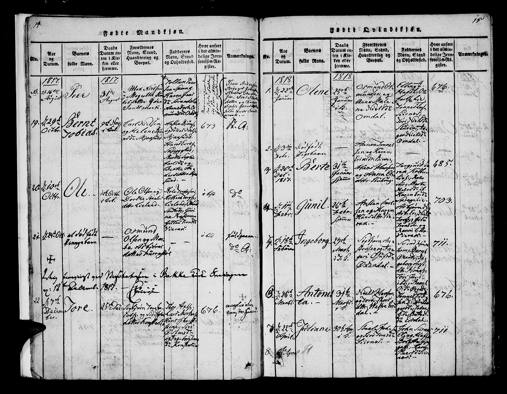 Bakke sokneprestkontor, SAK/1111-0002/F/Fa/Faa/L0003: Parish register (official) no. A 3, 1815-1835, p. 14-15