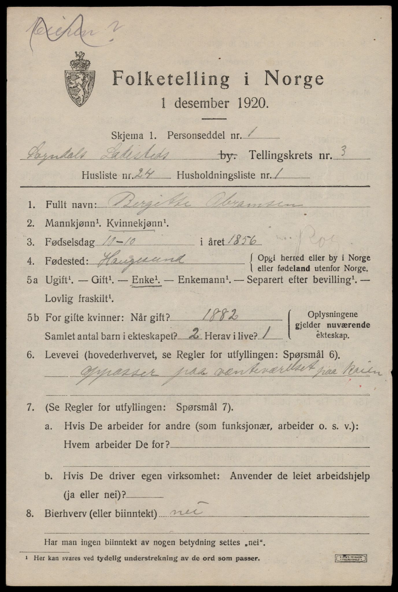 SAST, 1920 census for Sokndal town, 1920, p. 1145