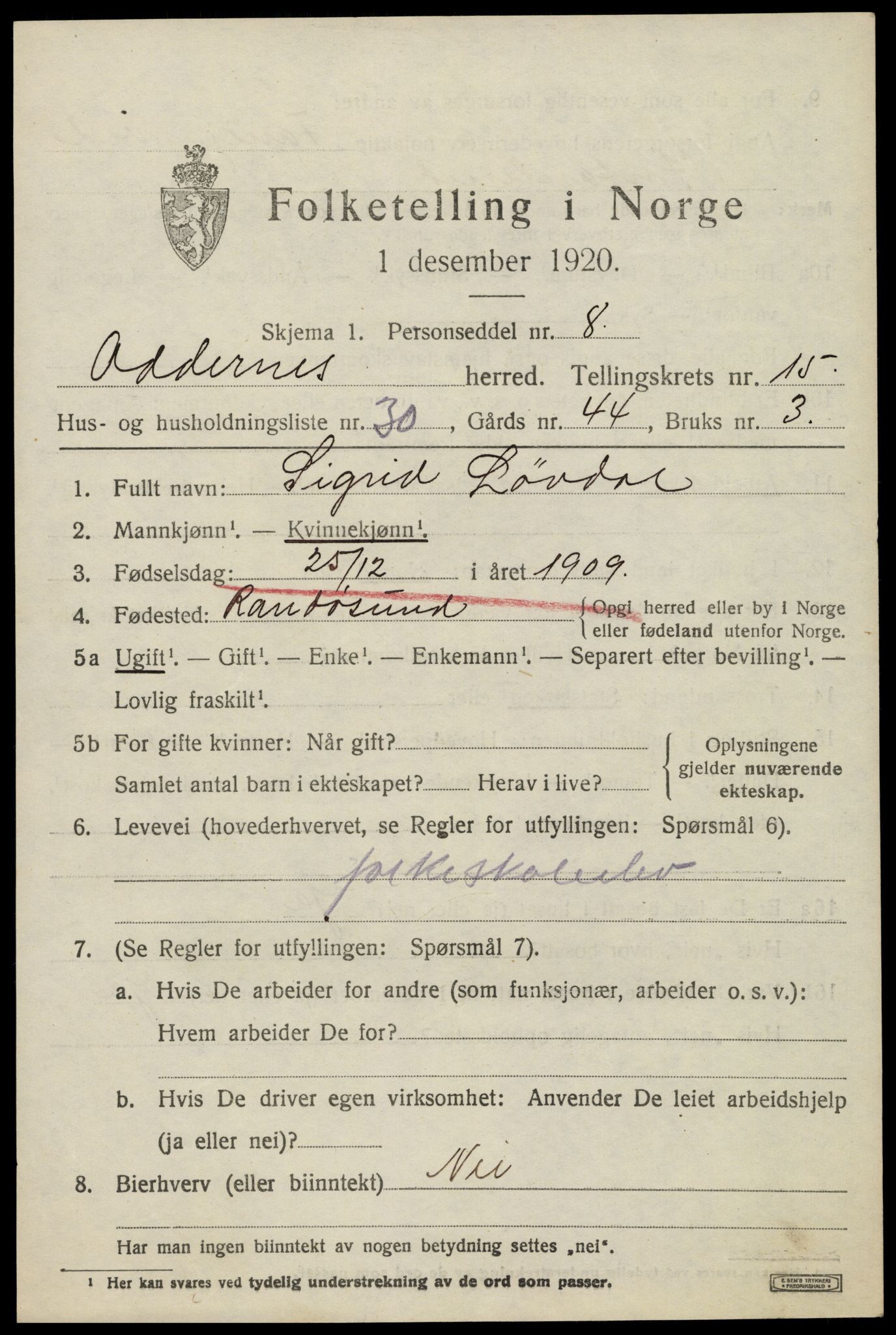 SAK, 1920 census for Oddernes, 1920, p. 10323