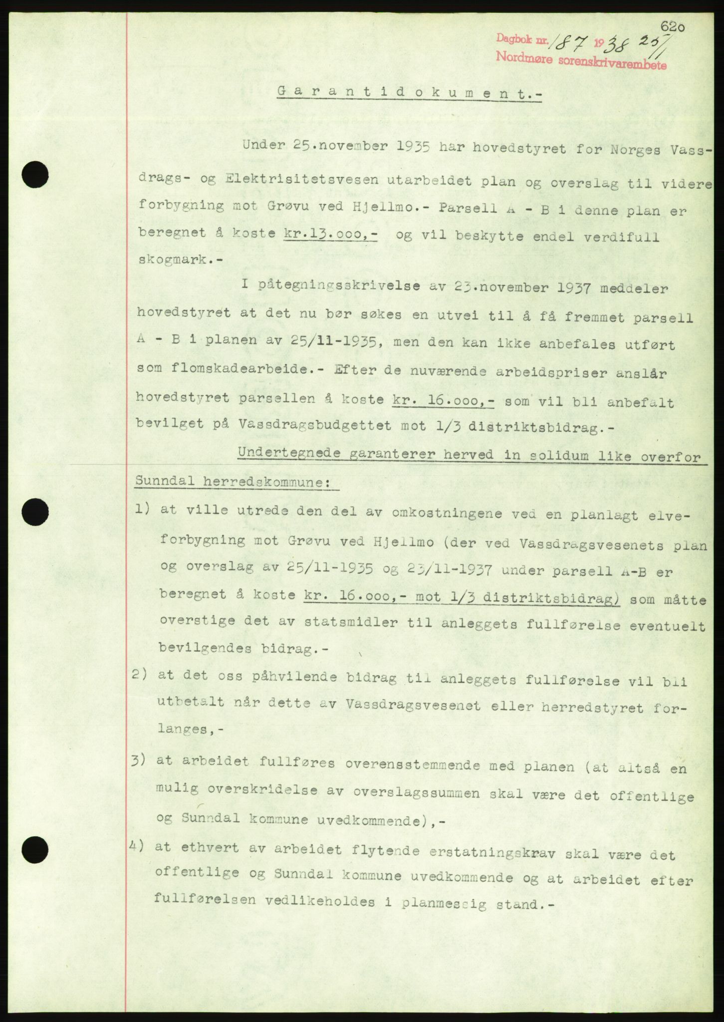 Nordmøre sorenskriveri, AV/SAT-A-4132/1/2/2Ca/L0092: Mortgage book no. B82, 1937-1938, Diary no: : 187/1938