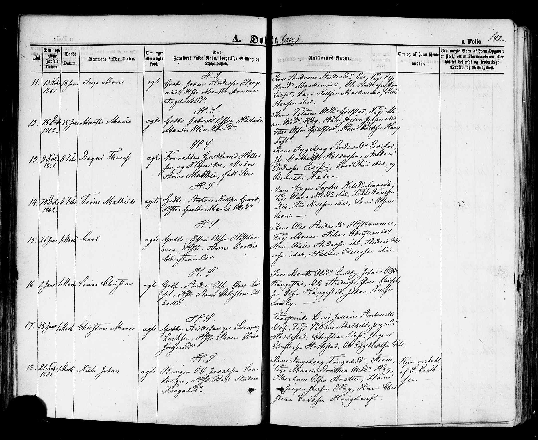 Hof kirkebøker, AV/SAKO-A-64/F/Fa/L0006: Parish register (official) no. I 6, 1851-1877, p. 142