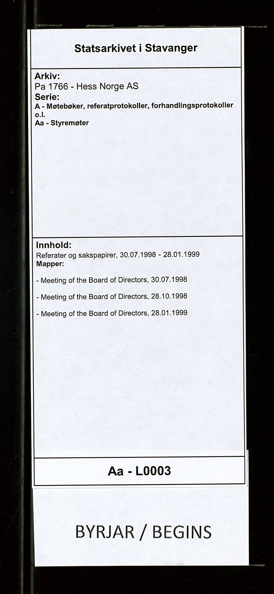 Pa 1766 - Hess Norge AS, AV/SAST-A-102451/A/Aa/L0003: Referater og sakspapirer, 1998-1999, p. 1