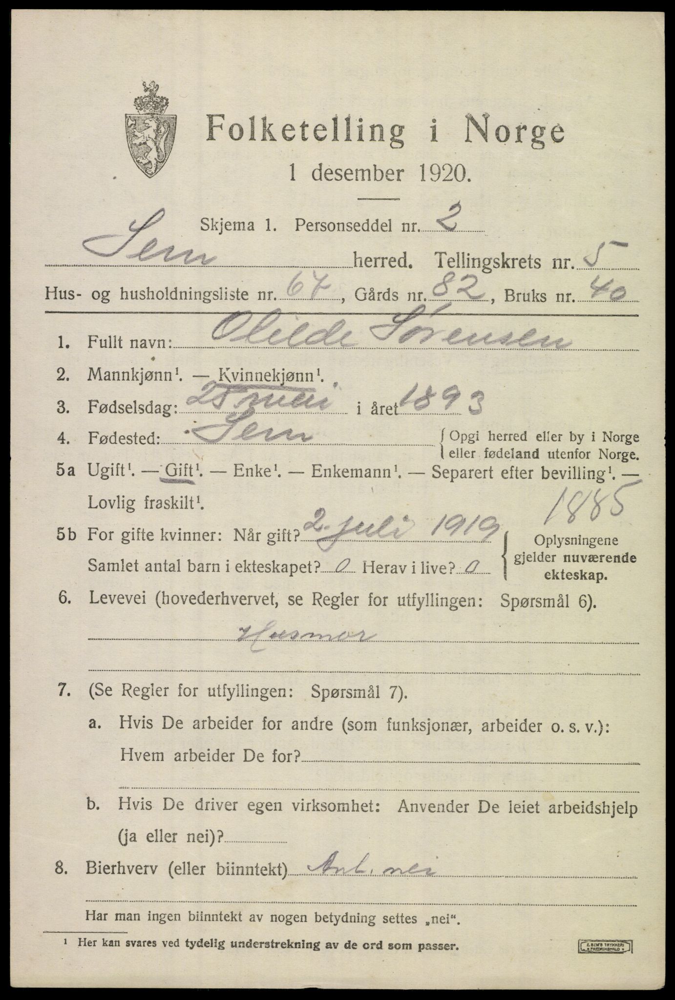 SAKO, 1920 census for Sem, 1920, p. 8515