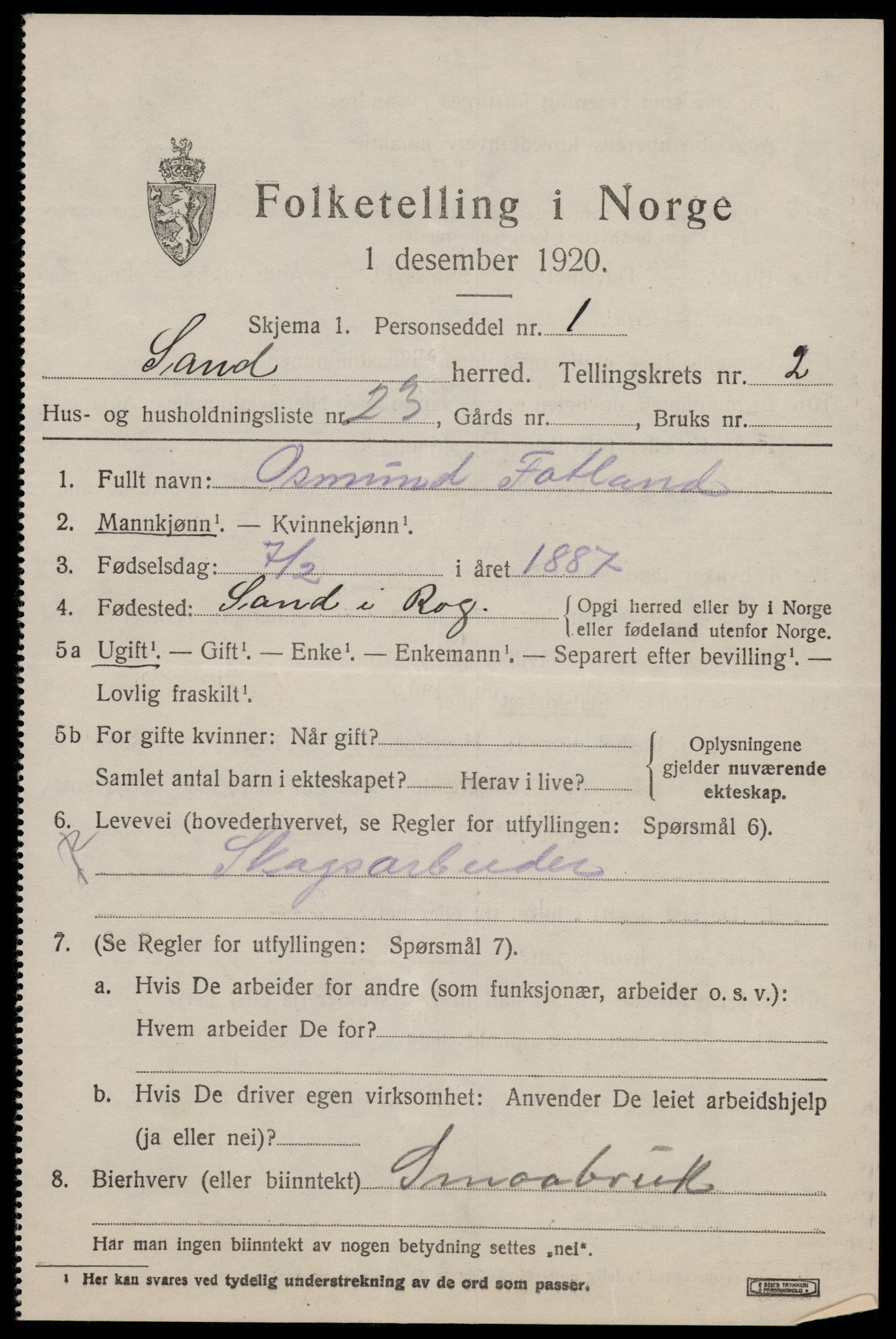 SAST, 1920 census for Sand, 1920, p. 1051