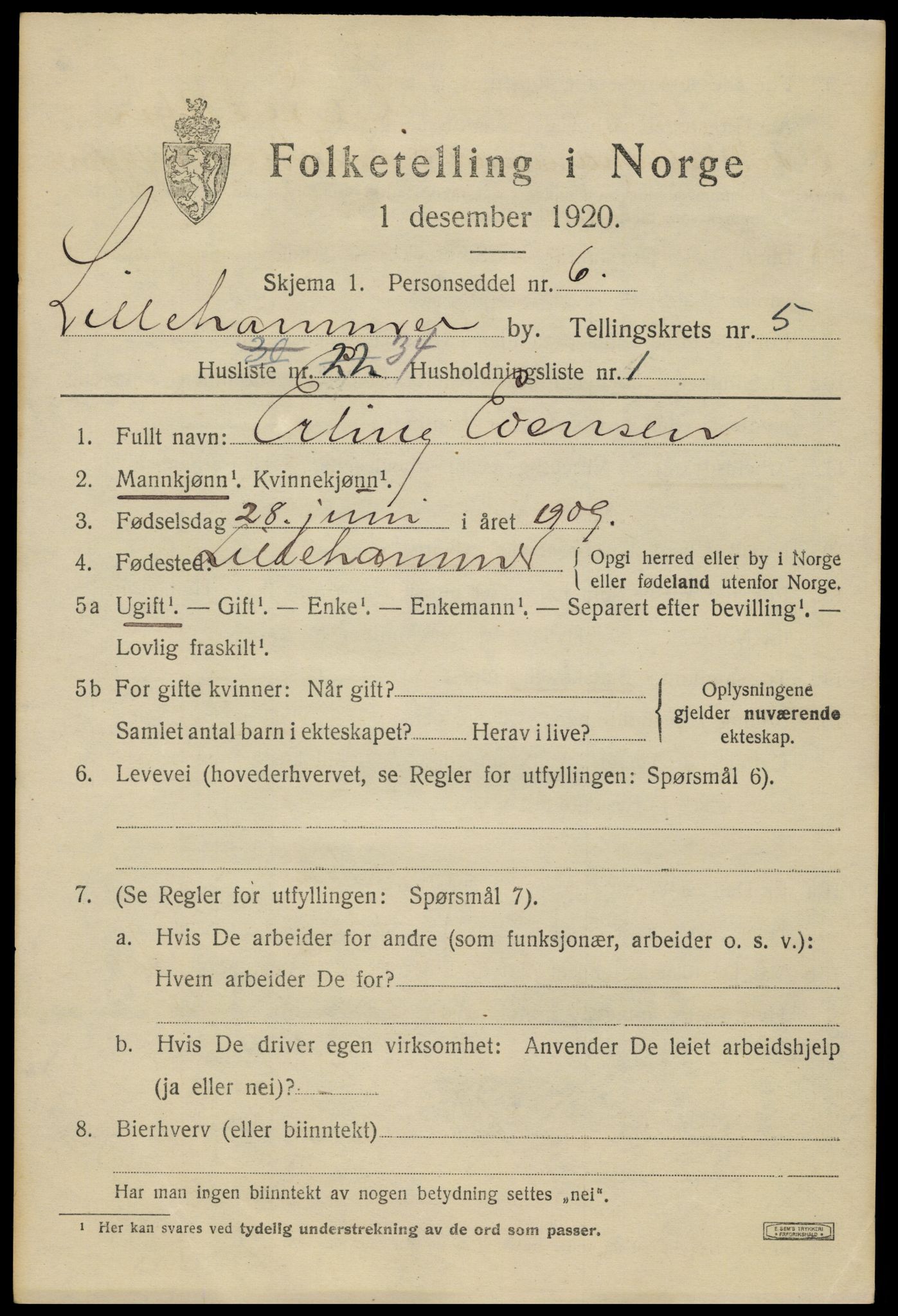 SAH, 1920 census for Lillehammer, 1920, p. 8214