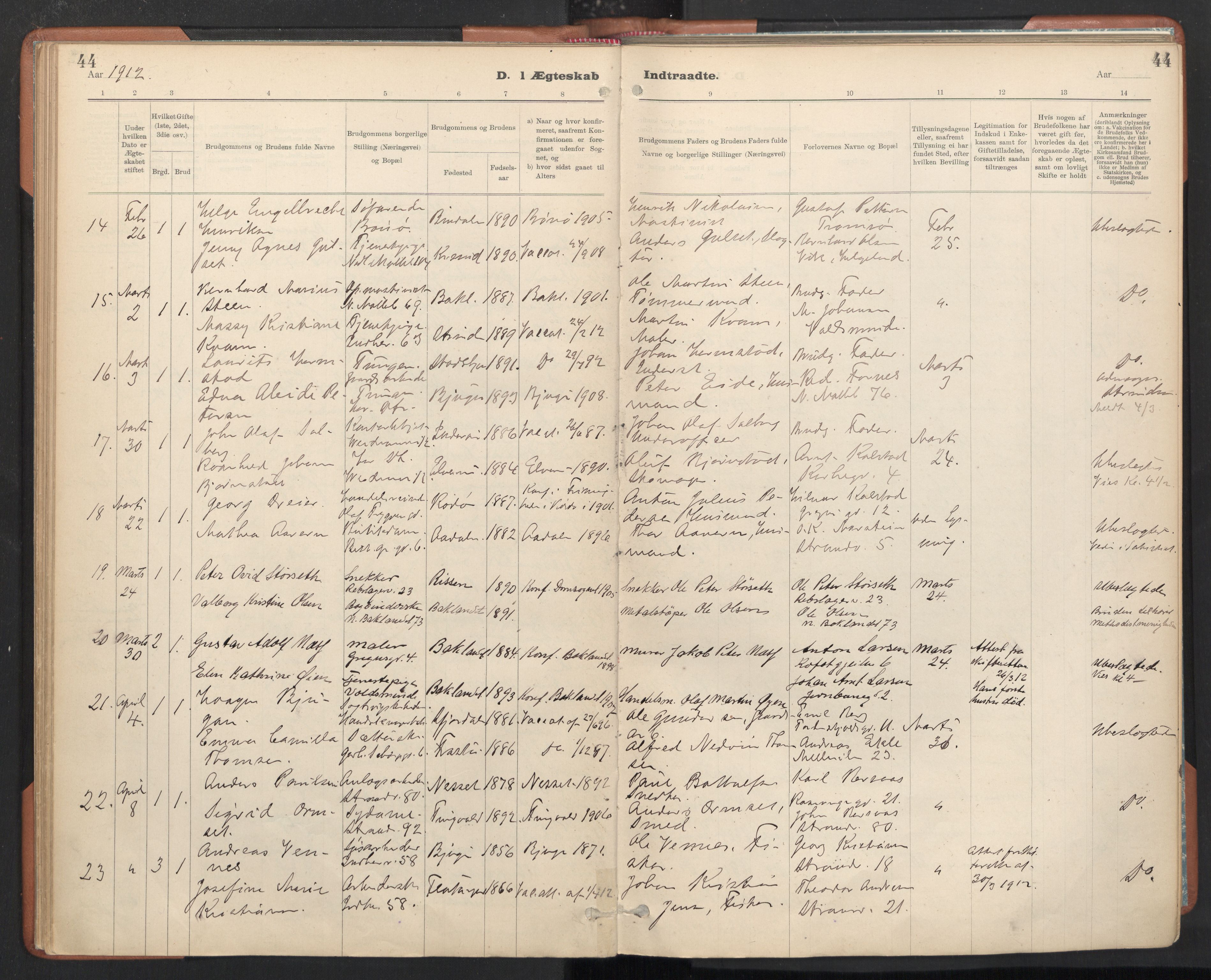 Ministerialprotokoller, klokkerbøker og fødselsregistre - Sør-Trøndelag, SAT/A-1456/605/L0244: Parish register (official) no. 605A06, 1908-1954, p. 44