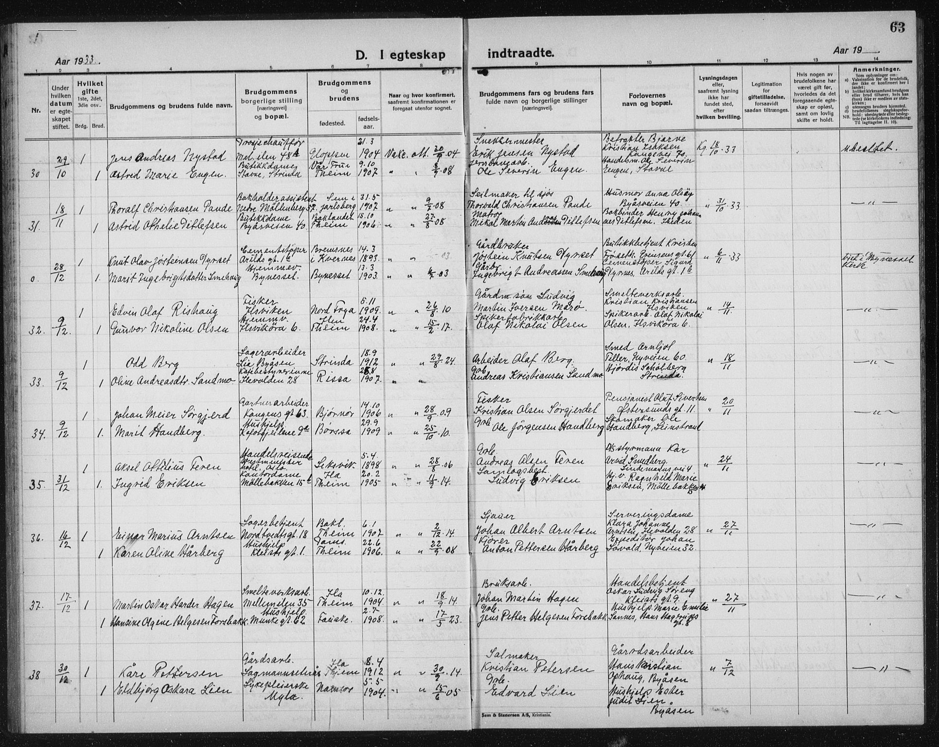 Ministerialprotokoller, klokkerbøker og fødselsregistre - Sør-Trøndelag, AV/SAT-A-1456/603/L0176: Parish register (copy) no. 603C04, 1923-1941, p. 63