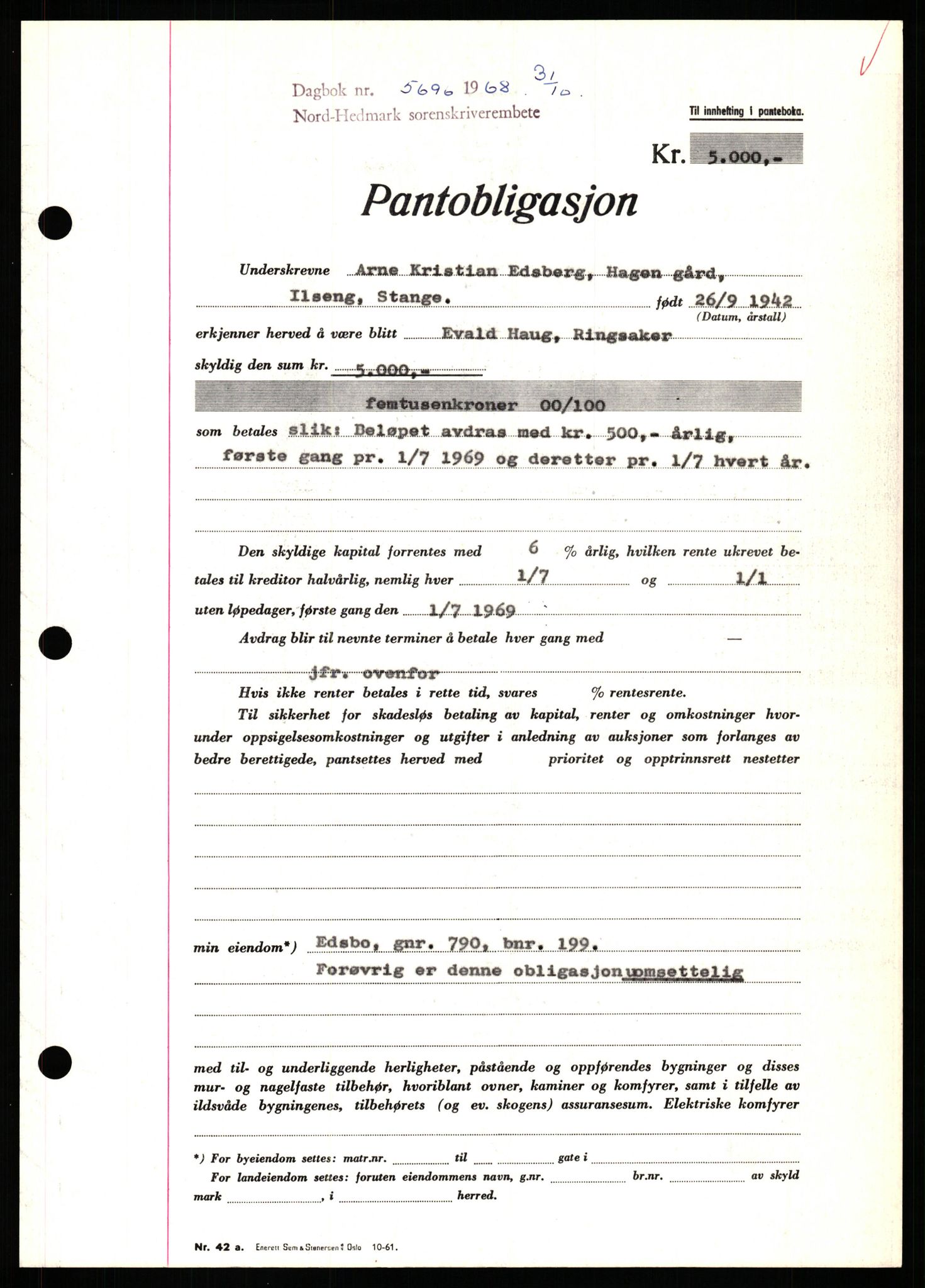 Nord-Hedmark sorenskriveri, SAH/TING-012/H/Hb/Hbf/L0077: Mortgage book no. B77, 1968-1969, Diary no: : 5696/1968