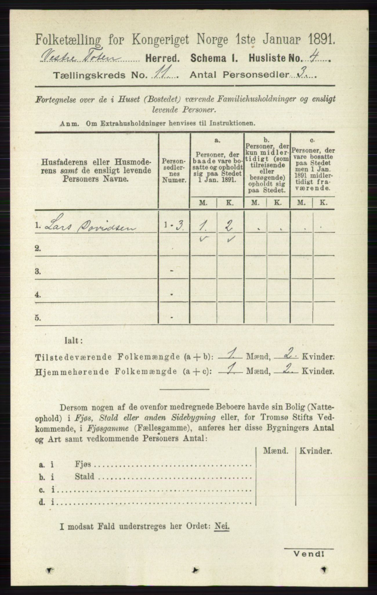 RA, 1891 census for 0529 Vestre Toten, 1891, p. 6623