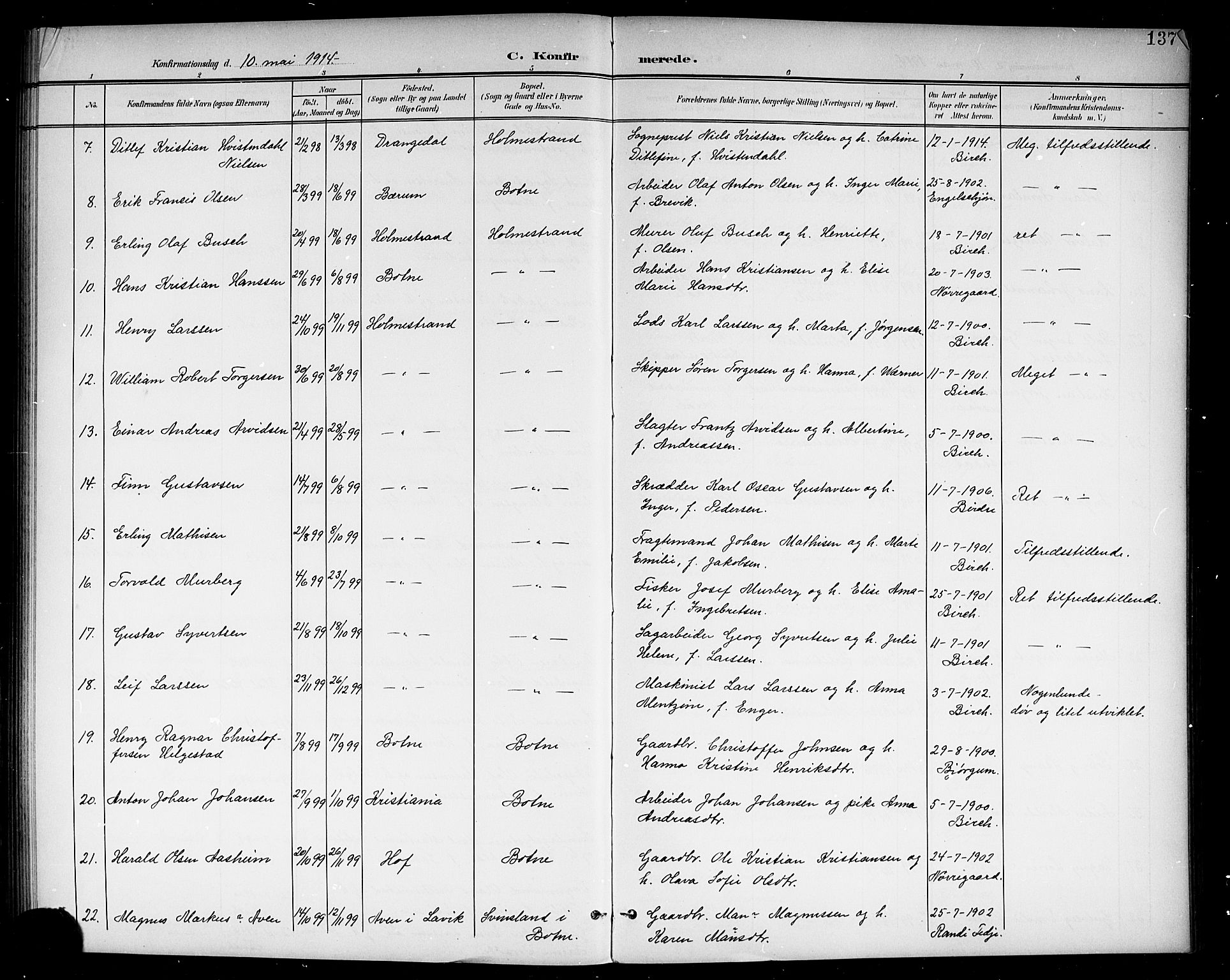 Holmestrand kirkebøker, SAKO/A-346/G/Ga/L0006: Parish register (copy) no. 6, 1901-1923, p. 137