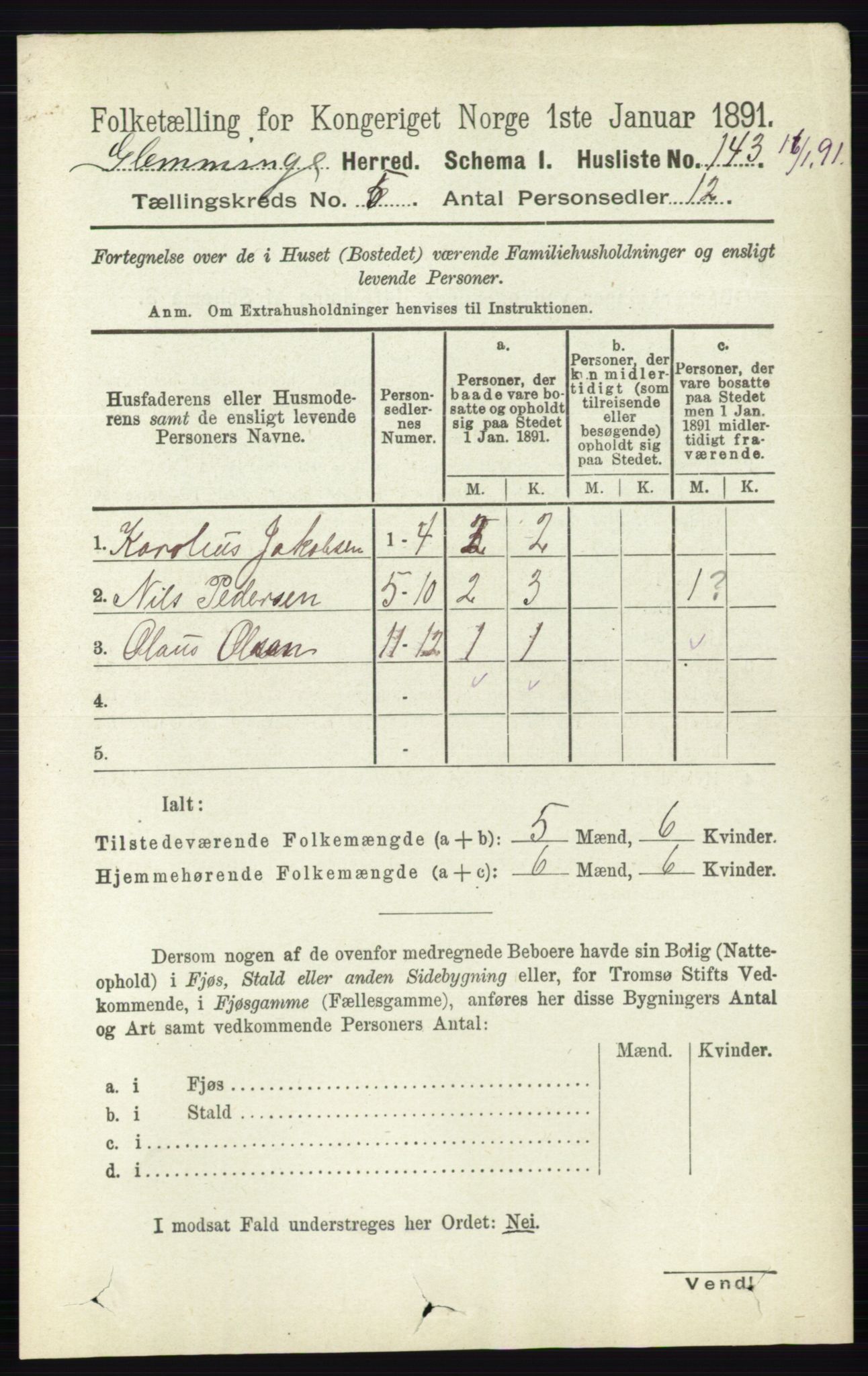 RA, 1891 census for 0132 Glemmen, 1891, p. 6040