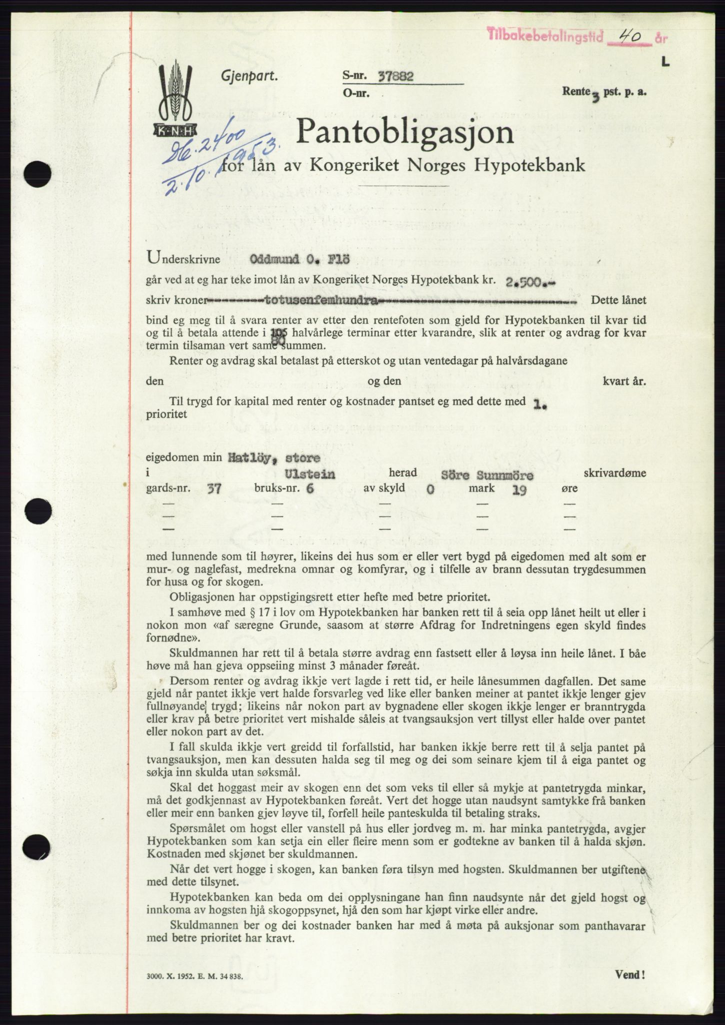 Søre Sunnmøre sorenskriveri, AV/SAT-A-4122/1/2/2C/L0124: Mortgage book no. 12B, 1953-1954, Diary no: : 2400/1953