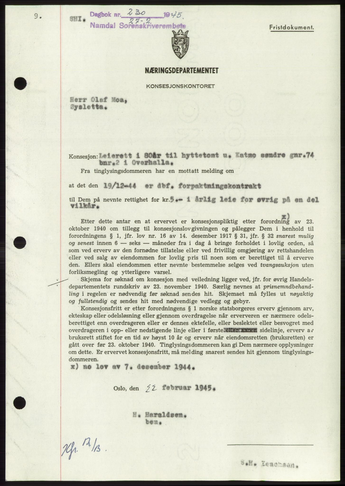 Namdal sorenskriveri, SAT/A-4133/1/2/2C: Mortgage book no. -, 1944-1945, Diary no: : 230/1945