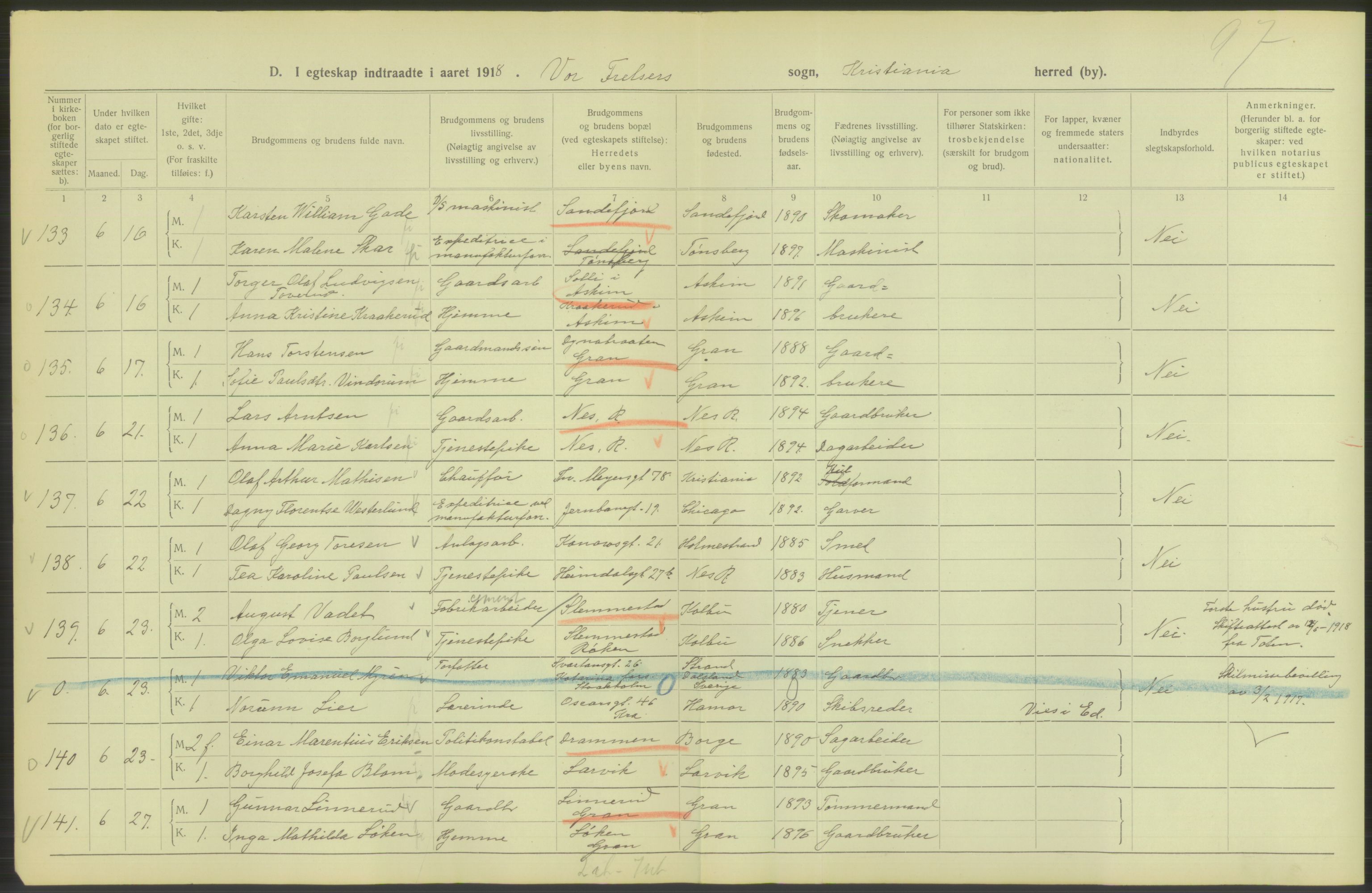 Statistisk sentralbyrå, Sosiodemografiske emner, Befolkning, AV/RA-S-2228/D/Df/Dfb/Dfbh/L0009: Kristiania: Gifte, 1918, p. 78