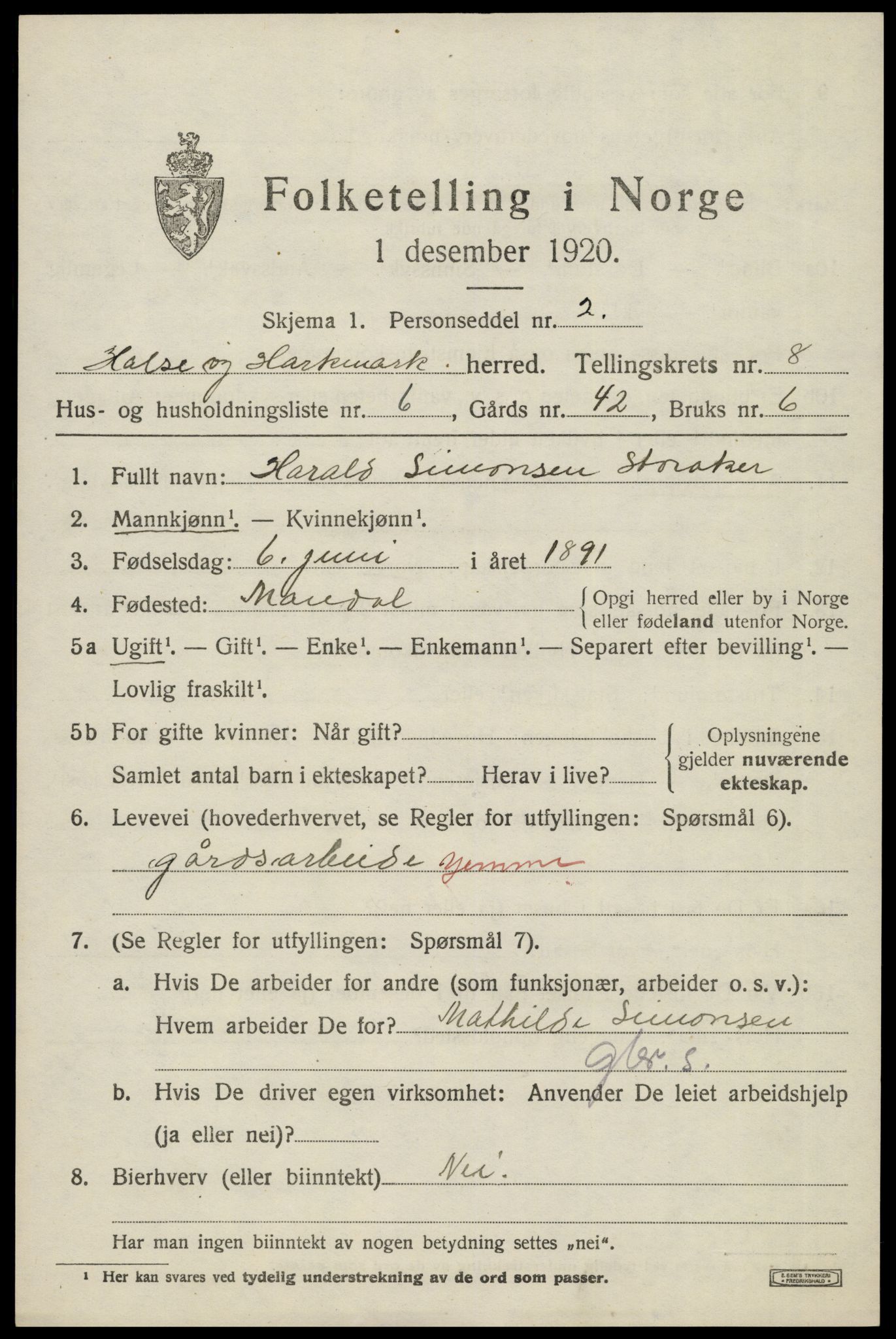 SAK, 1920 census for Halse og Harkmark, 1920, p. 4391