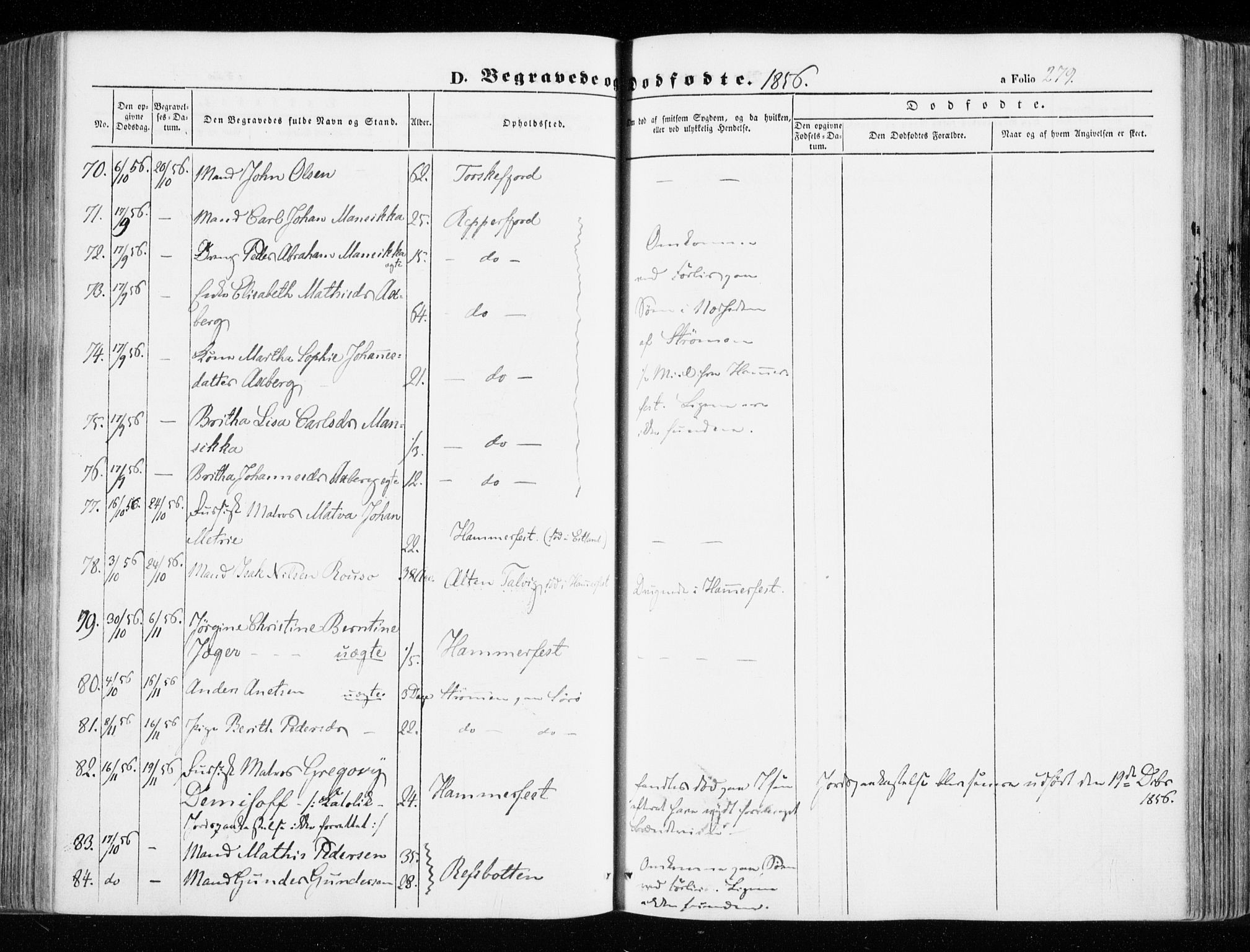 Hammerfest sokneprestkontor, AV/SATØ-S-1347/H/Ha/L0004.kirke: Parish register (official) no. 4, 1843-1856, p. 279