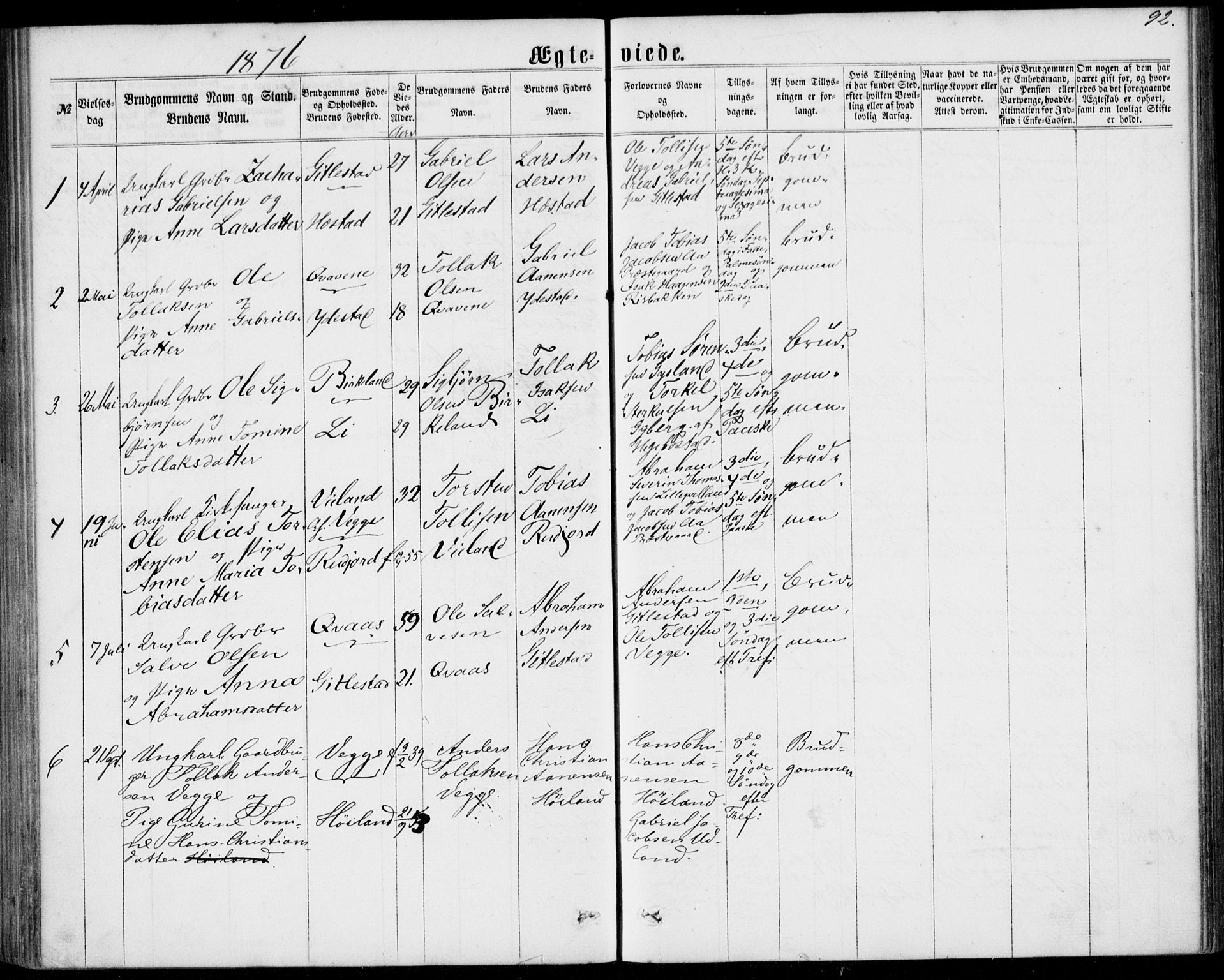 Lyngdal sokneprestkontor, SAK/1111-0029/F/Fa/Fab/L0002: Parish register (official) no. A 2, 1861-1878, p. 92