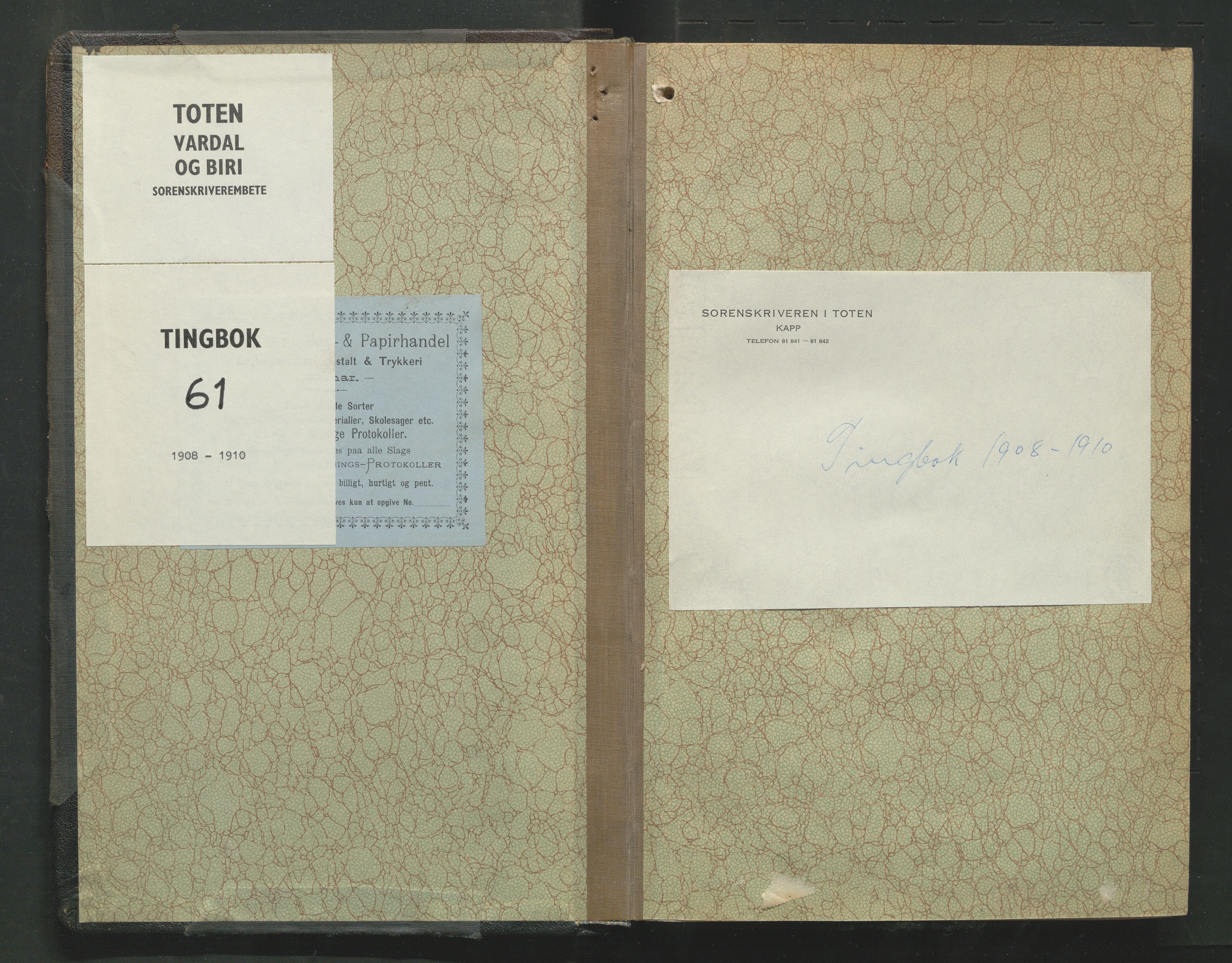 Toten tingrett, AV/SAH-TING-006/G/Gb/Gba/L0061: Tingbok, 1908-1910