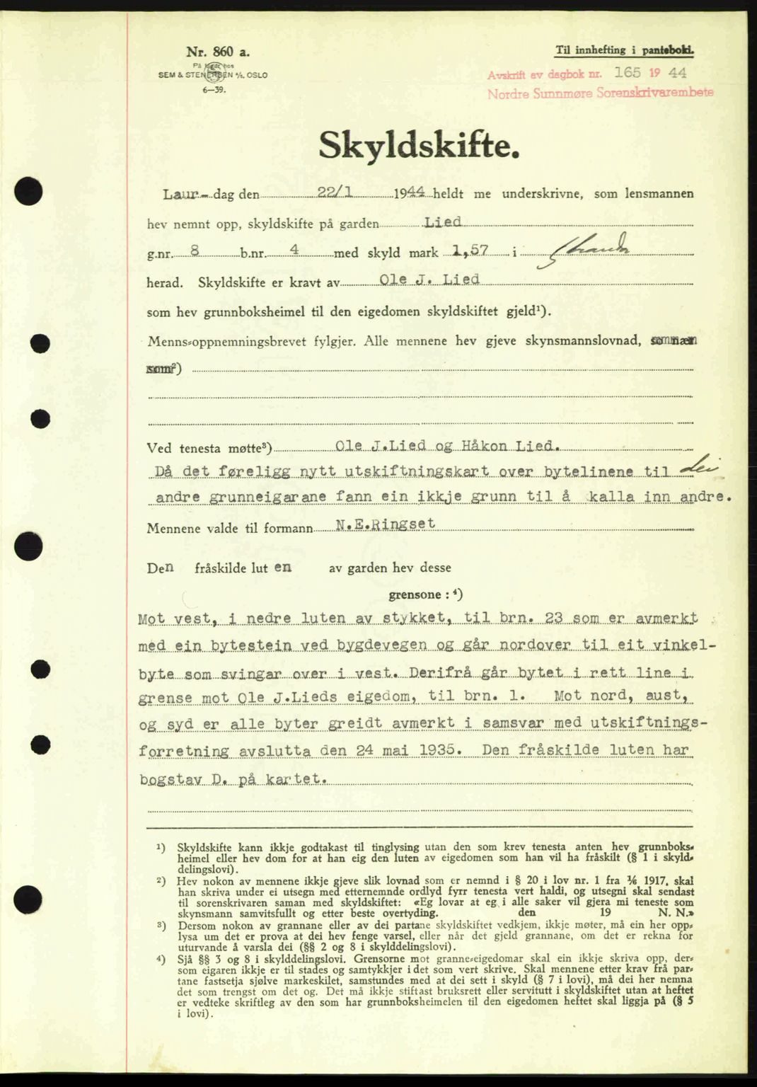 Nordre Sunnmøre sorenskriveri, AV/SAT-A-0006/1/2/2C/2Ca: Mortgage book no. A17, 1943-1944, Diary no: : 165/1944