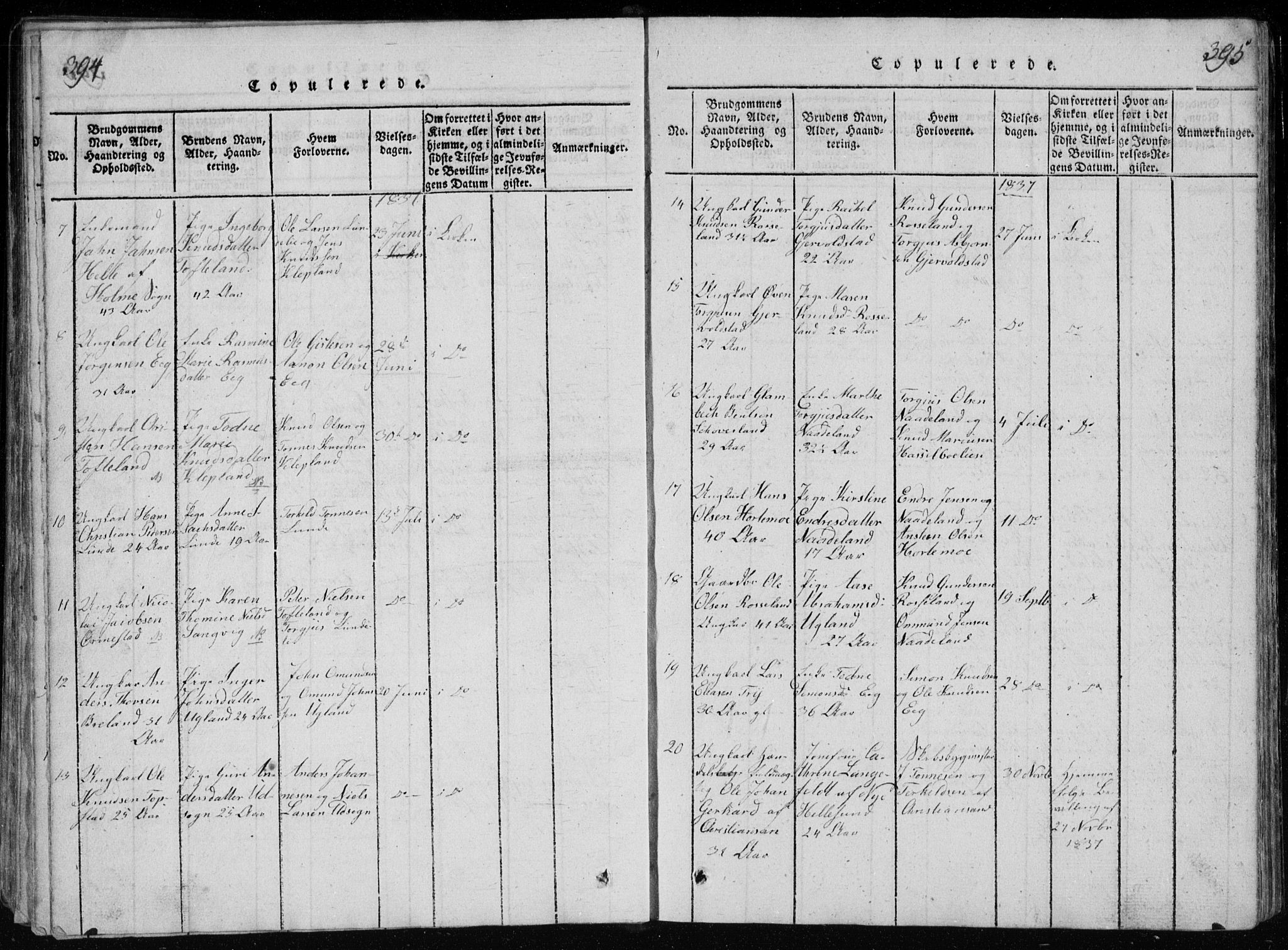 Søgne sokneprestkontor, SAK/1111-0037/F/Fb/Fbb/L0002: Parish register (copy) no. B 2, 1821-1838, p. 394-395