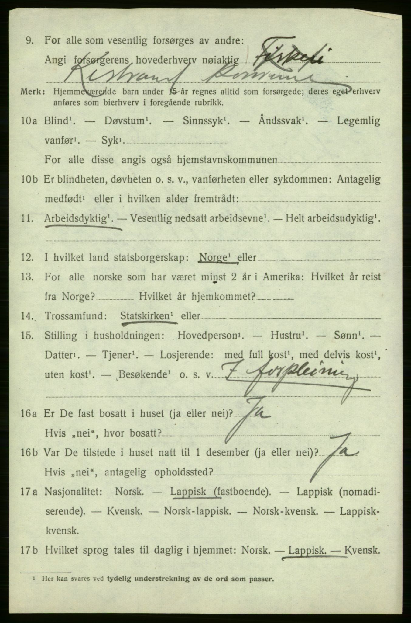 SATØ, 1920 census for Kistrand, 1920, p. 861