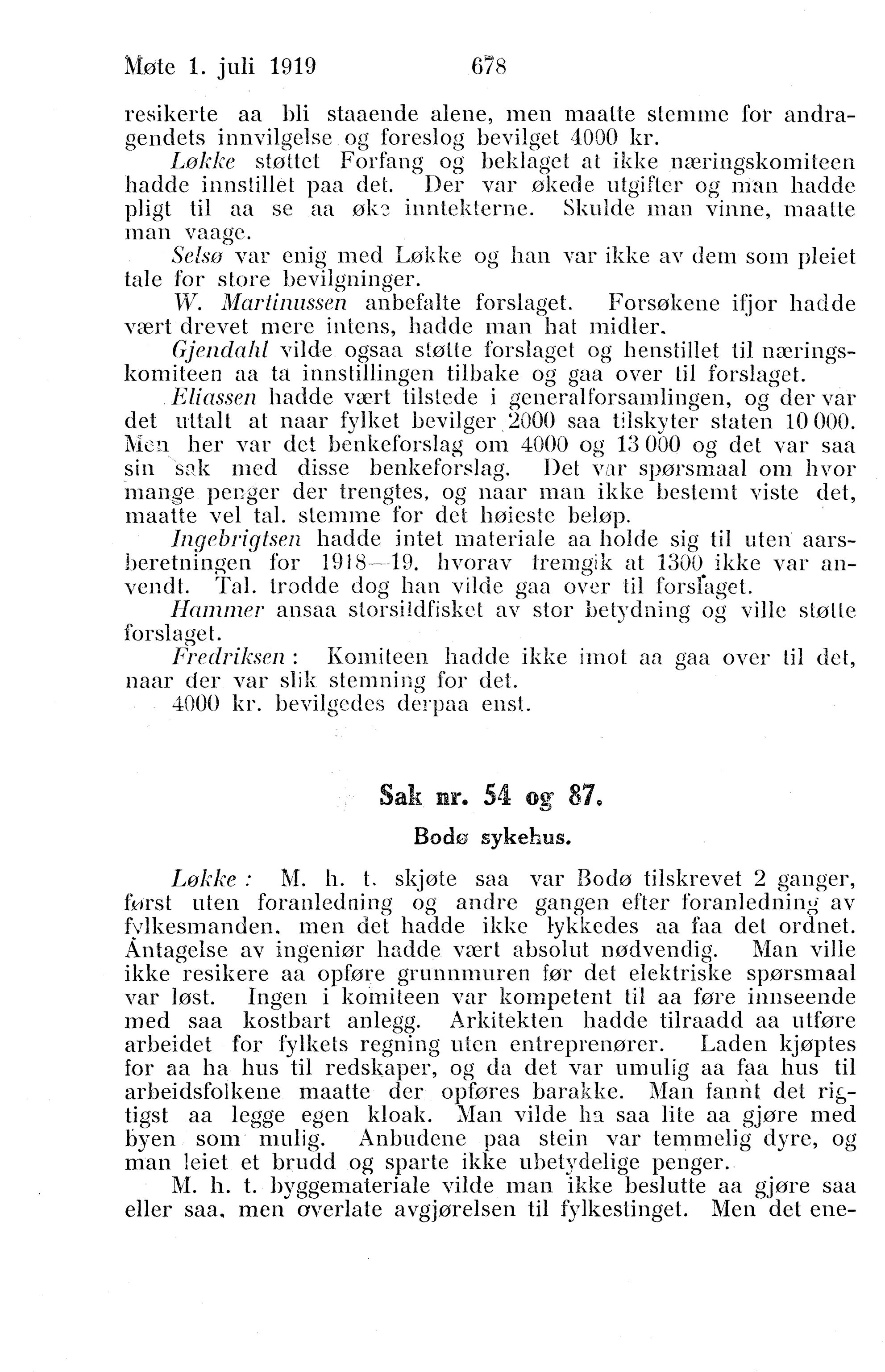 Nordland Fylkeskommune. Fylkestinget, AIN/NFK-17/176/A/Ac/L0042: Fylkestingsforhandlinger 1919, 1919