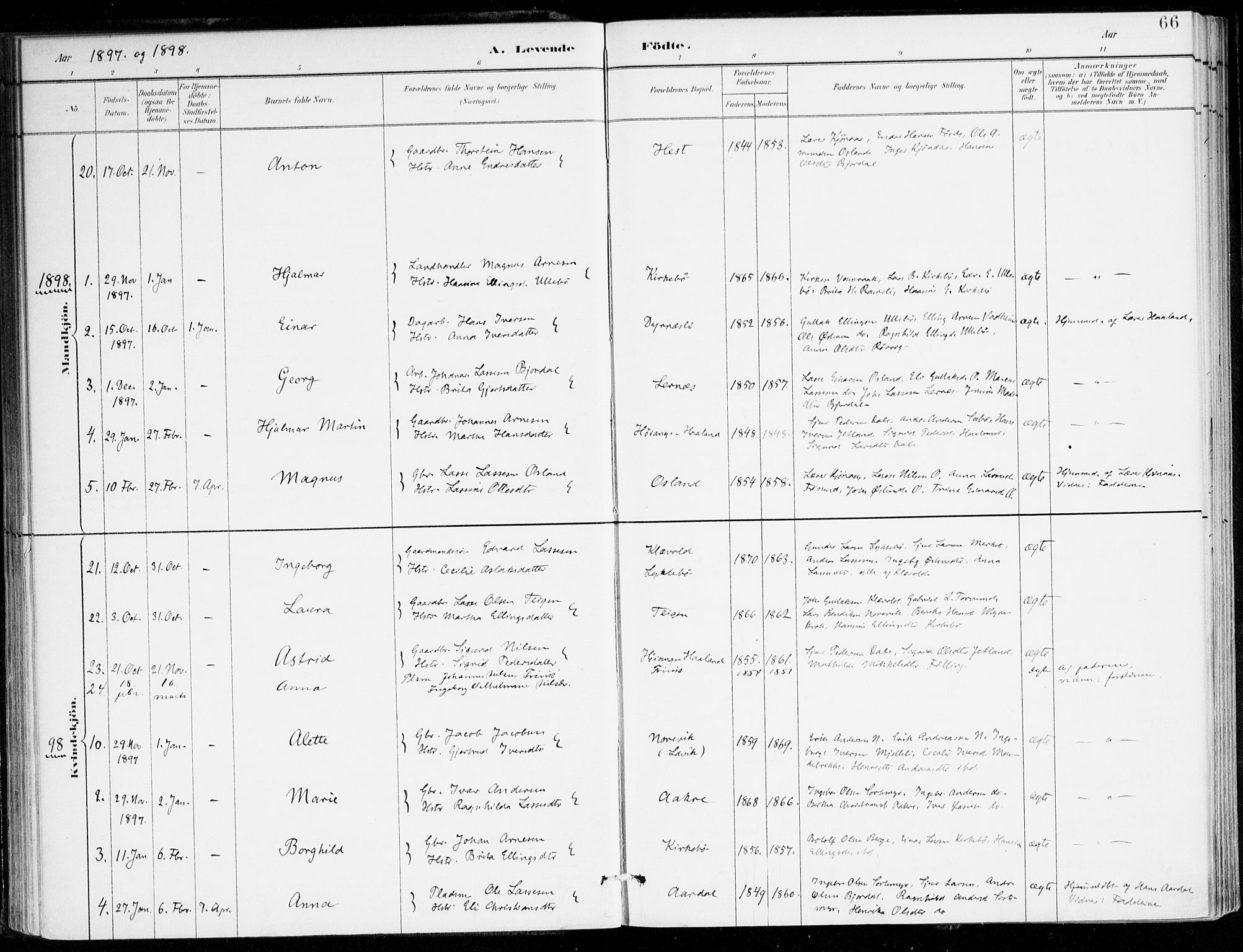 Lavik sokneprestembete, SAB/A-80901: Parish register (official) no. C 1, 1882-1904, p. 66