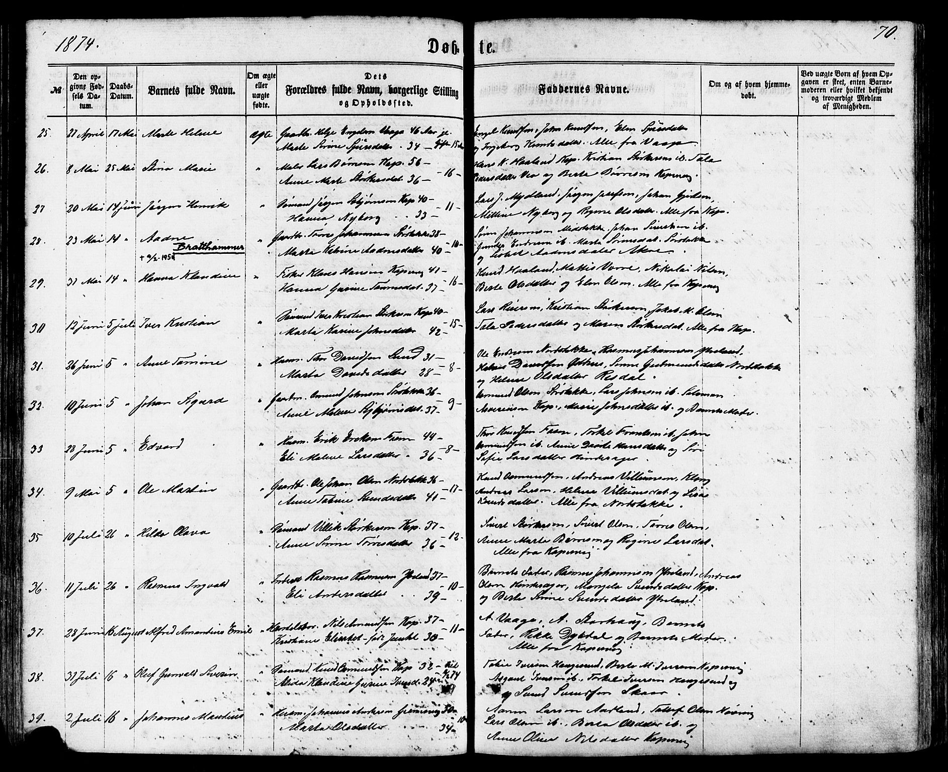 Avaldsnes sokneprestkontor, AV/SAST-A -101851/H/Ha/Haa/L0011: Parish register (official) no. A 11, 1861-1880, p. 70