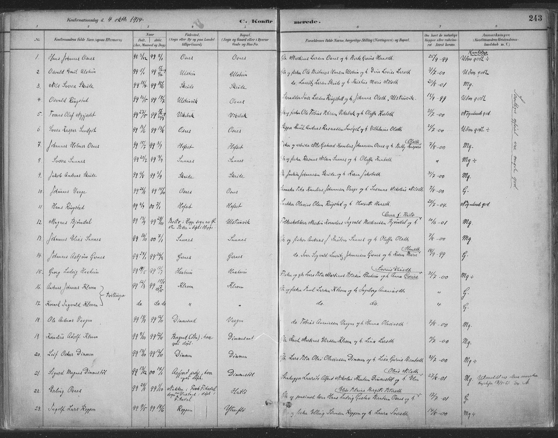 Ministerialprotokoller, klokkerbøker og fødselsregistre - Møre og Romsdal, SAT/A-1454/509/L0106: Parish register (official) no. 509A04, 1883-1922, p. 243