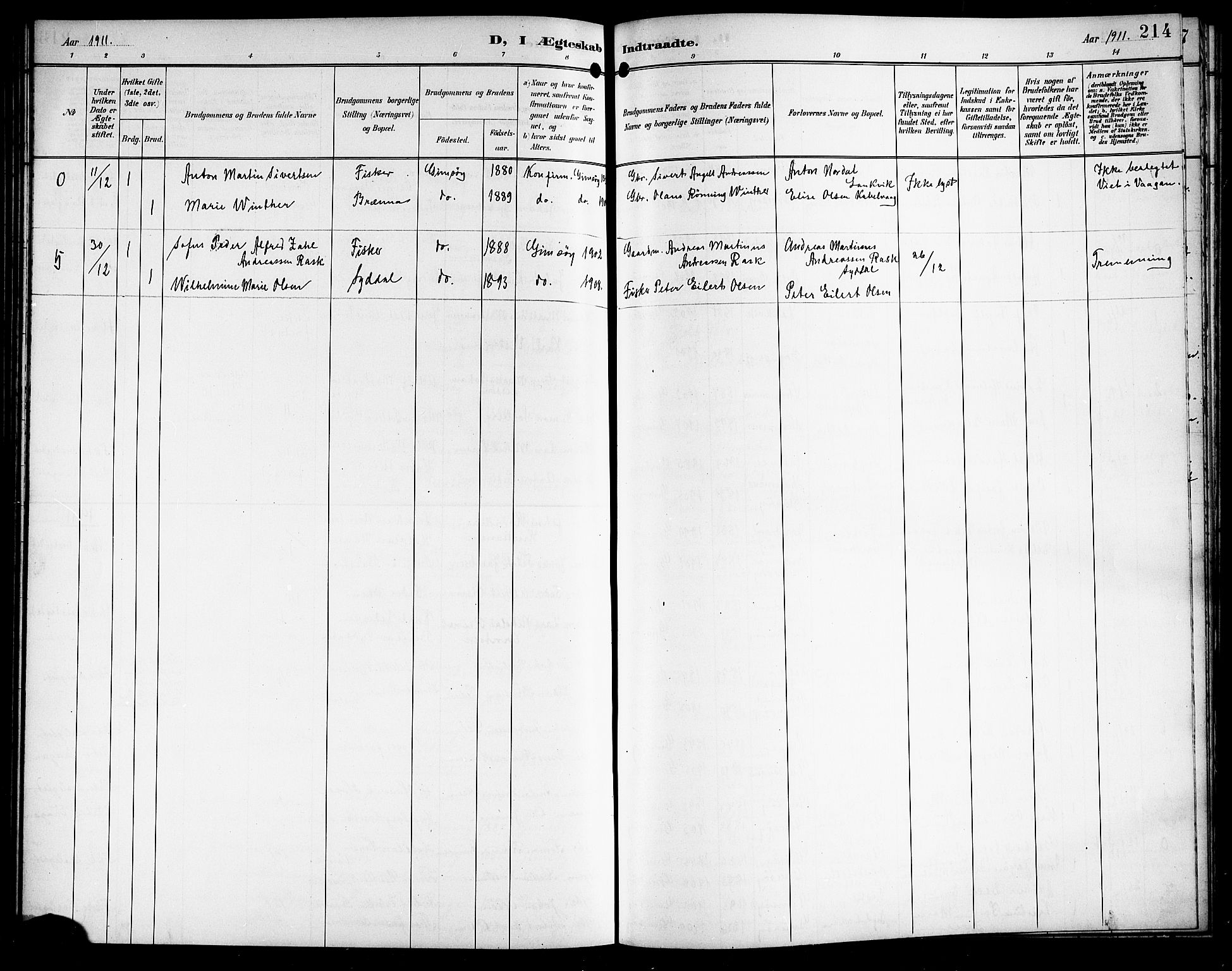 Ministerialprotokoller, klokkerbøker og fødselsregistre - Nordland, AV/SAT-A-1459/876/L1105: Parish register (copy) no. 876C04, 1896-1914, p. 214