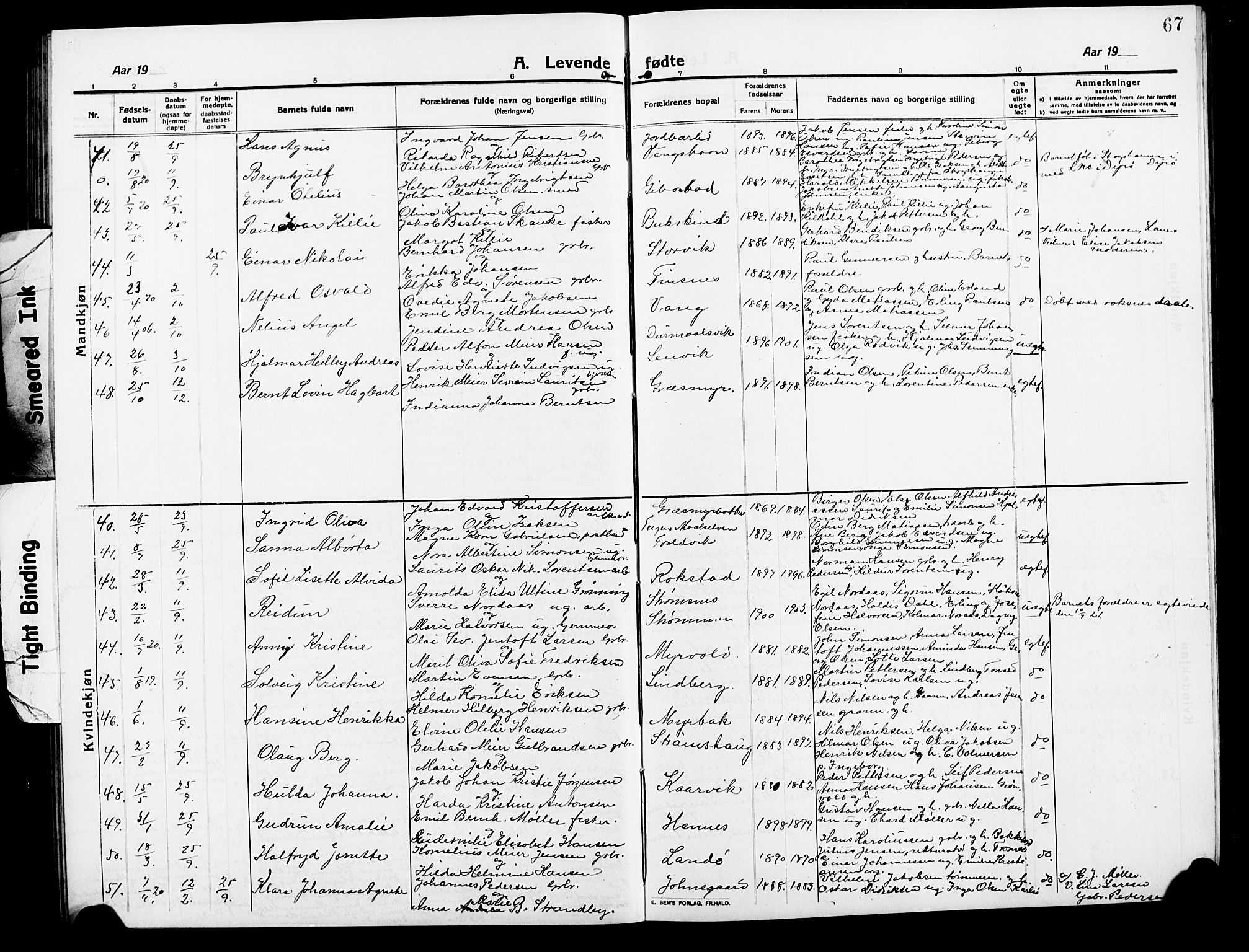 Lenvik sokneprestembete, AV/SATØ-S-1310/H/Ha/Hab/L0009klokker: Parish register (copy) no. 9, 1912-1926, p. 67