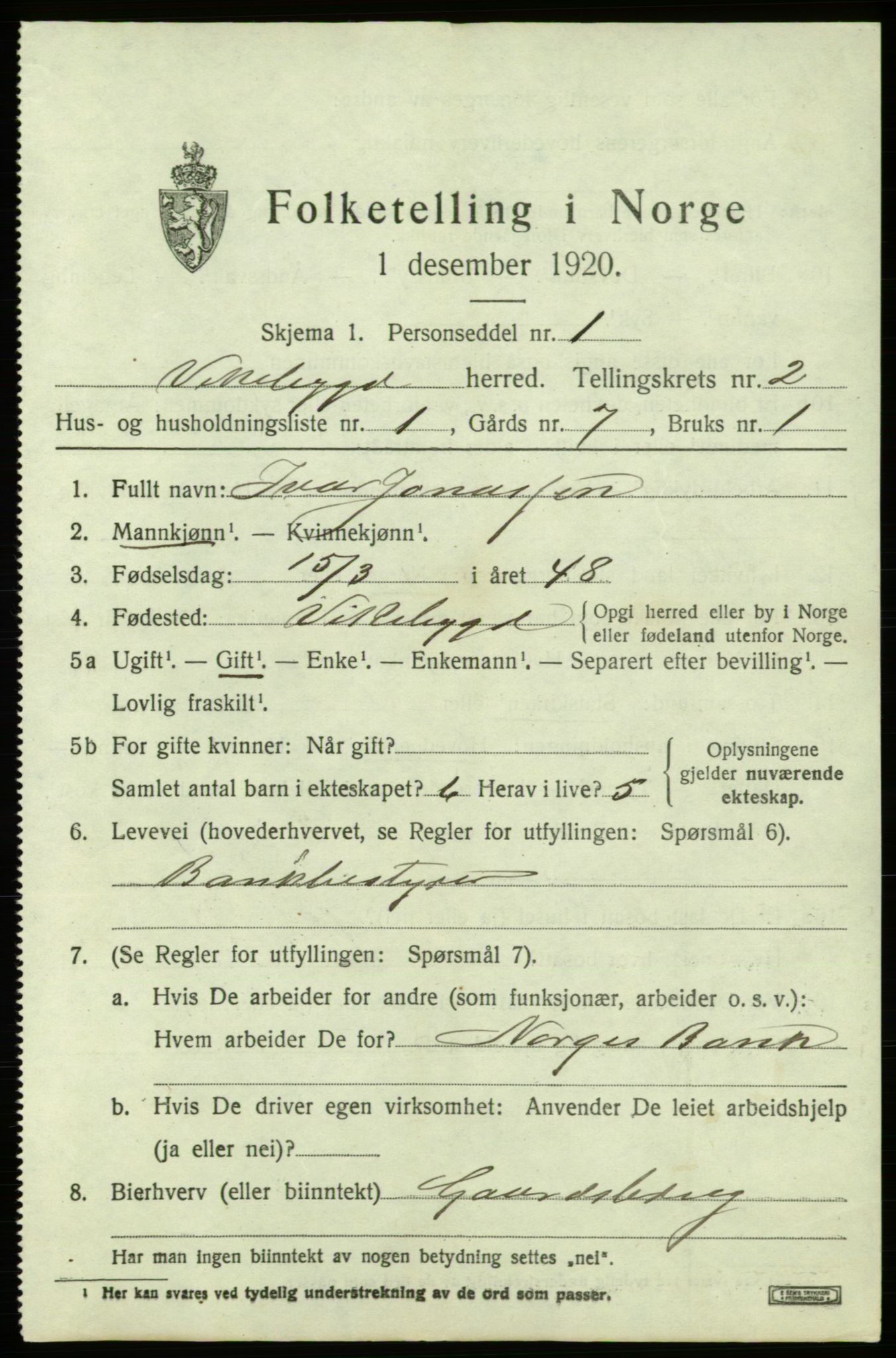 SAB, 1920 census for Vikebygd, 1920, p. 835