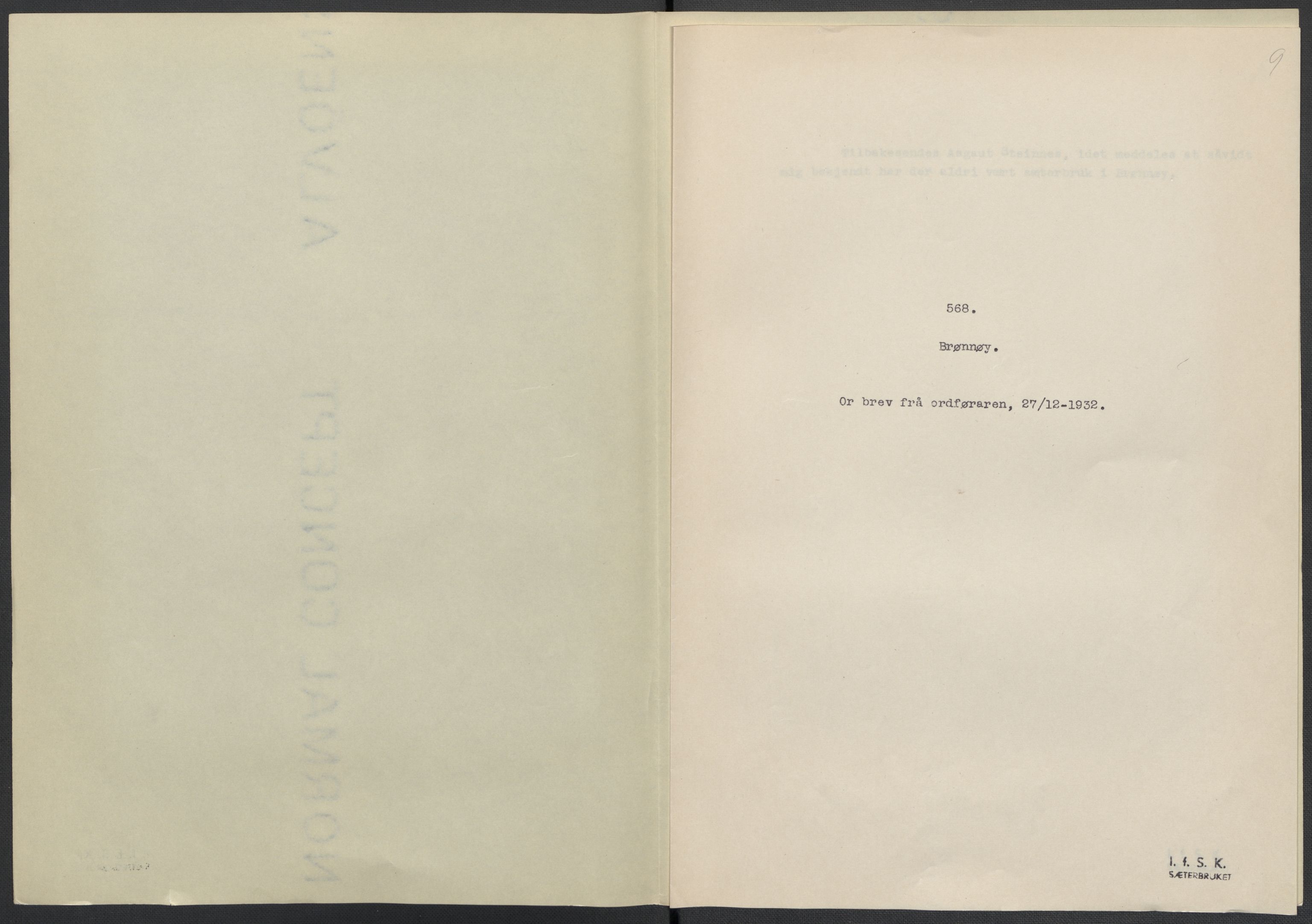 Instituttet for sammenlignende kulturforskning, RA/PA-0424/F/Fc/L0016/0001: Eske B16: / Nordland (perm XLVI), 1932-1938, p. 9