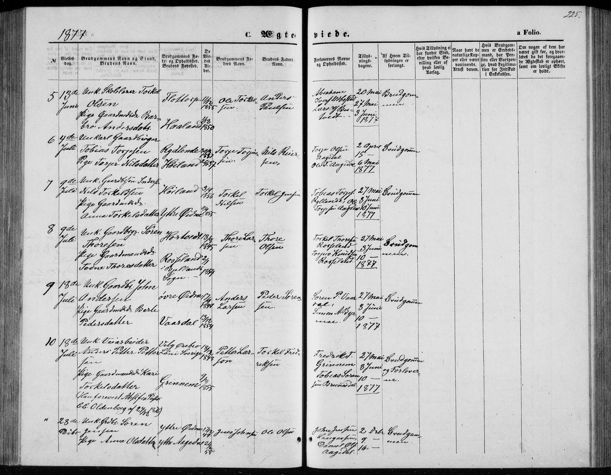 Bjelland sokneprestkontor, AV/SAK-1111-0005/F/Fb/Fbc/L0002: Parish register (copy) no. B 2, 1867-1887, p. 225