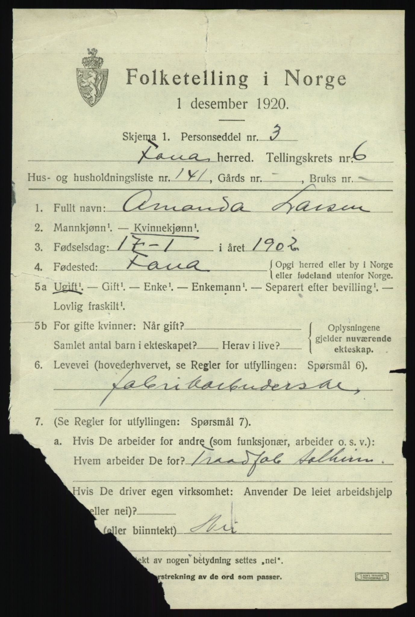 SAB, 1920 census for Fana, 1920, p. 12563